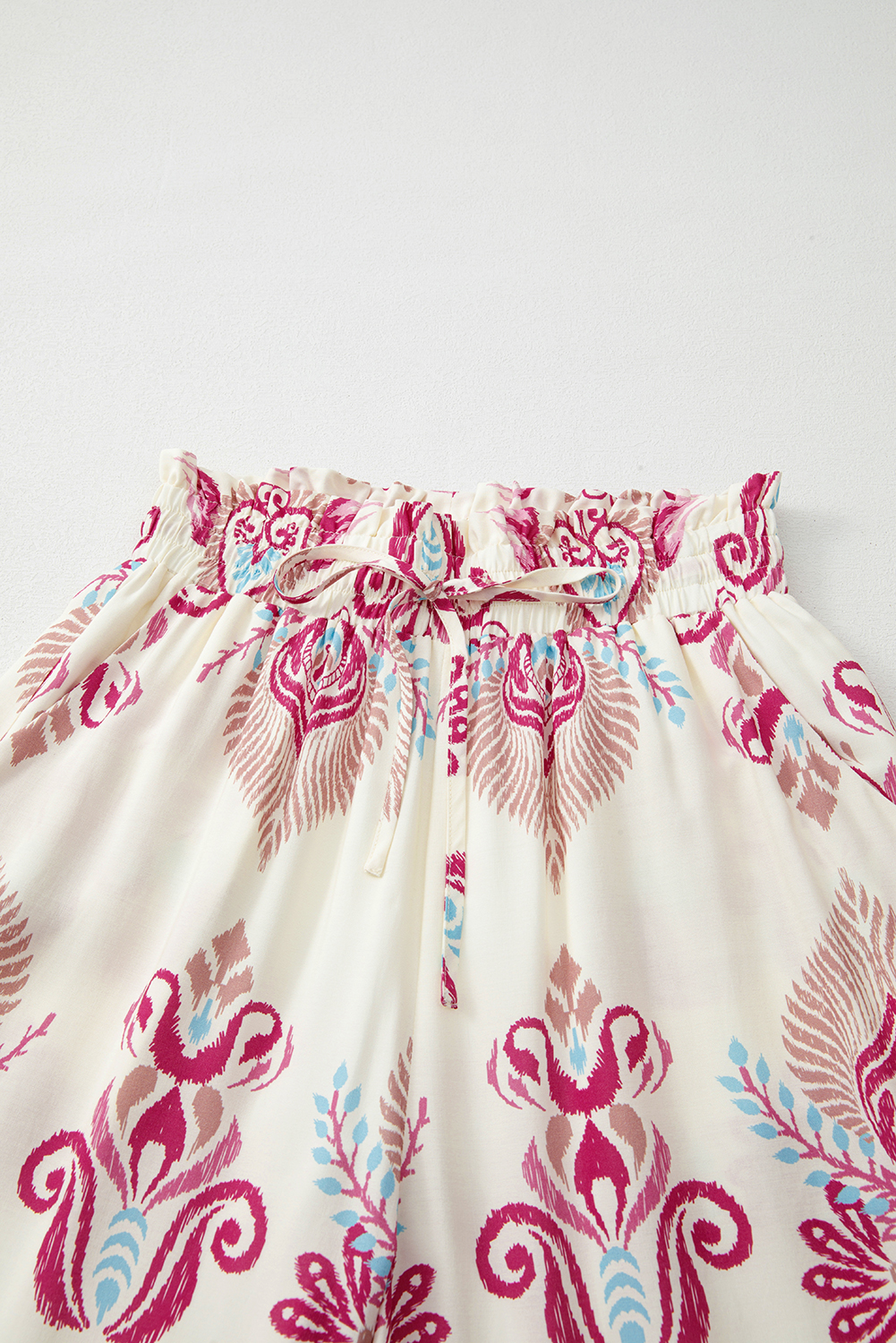 Rose Boho Printed Shirred High Waist Flowy Wide Leg Pants