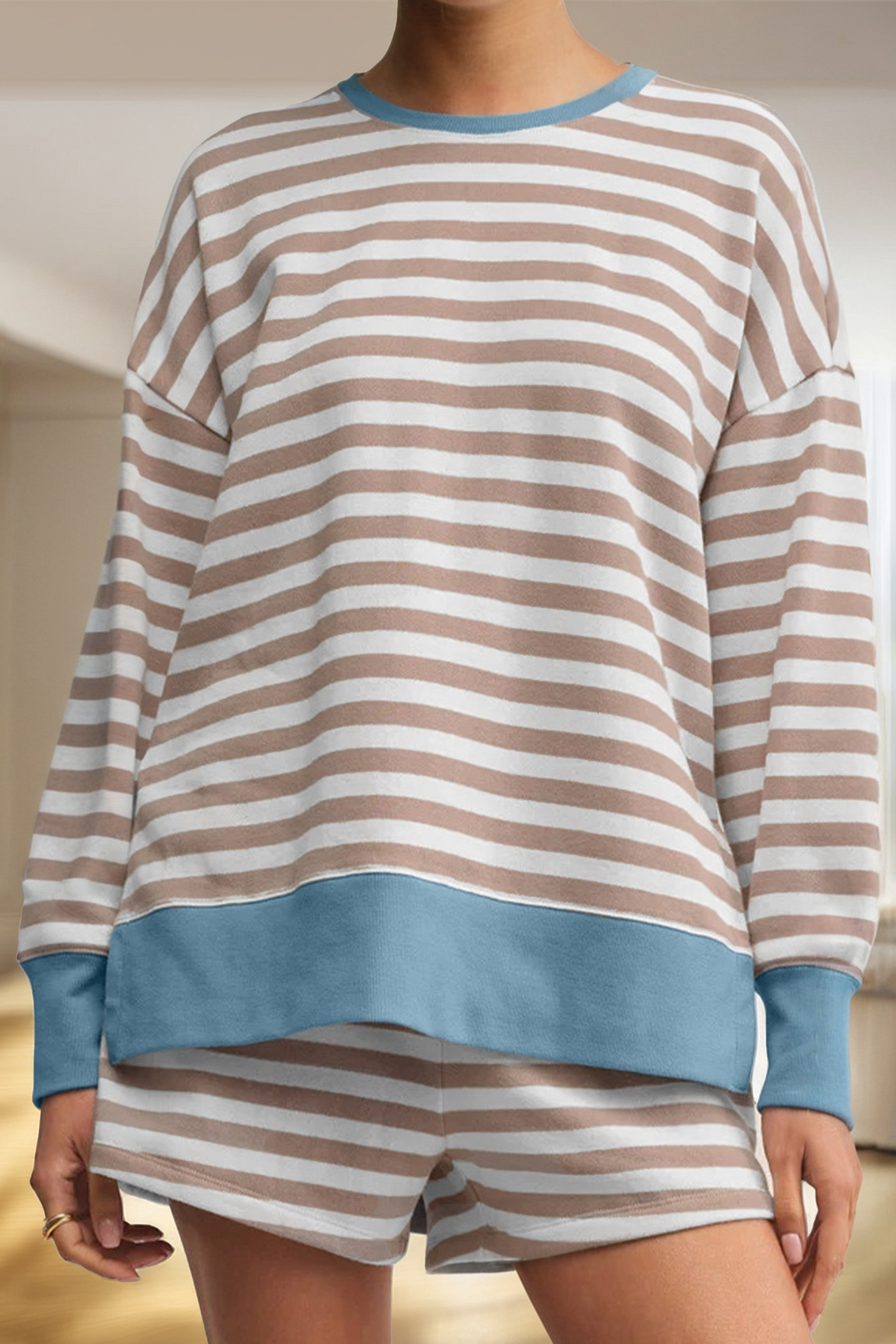 Khaki Stripe Color Block Patchwork Oversized Pullover 2pcs Shorts Set