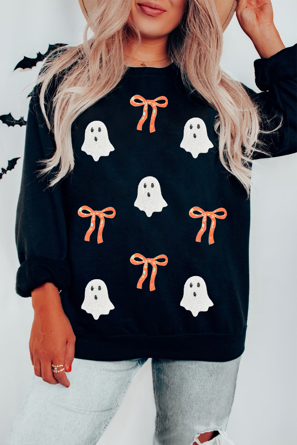Black Sequin Bow Ghost Patched Halloween Graphic Tee