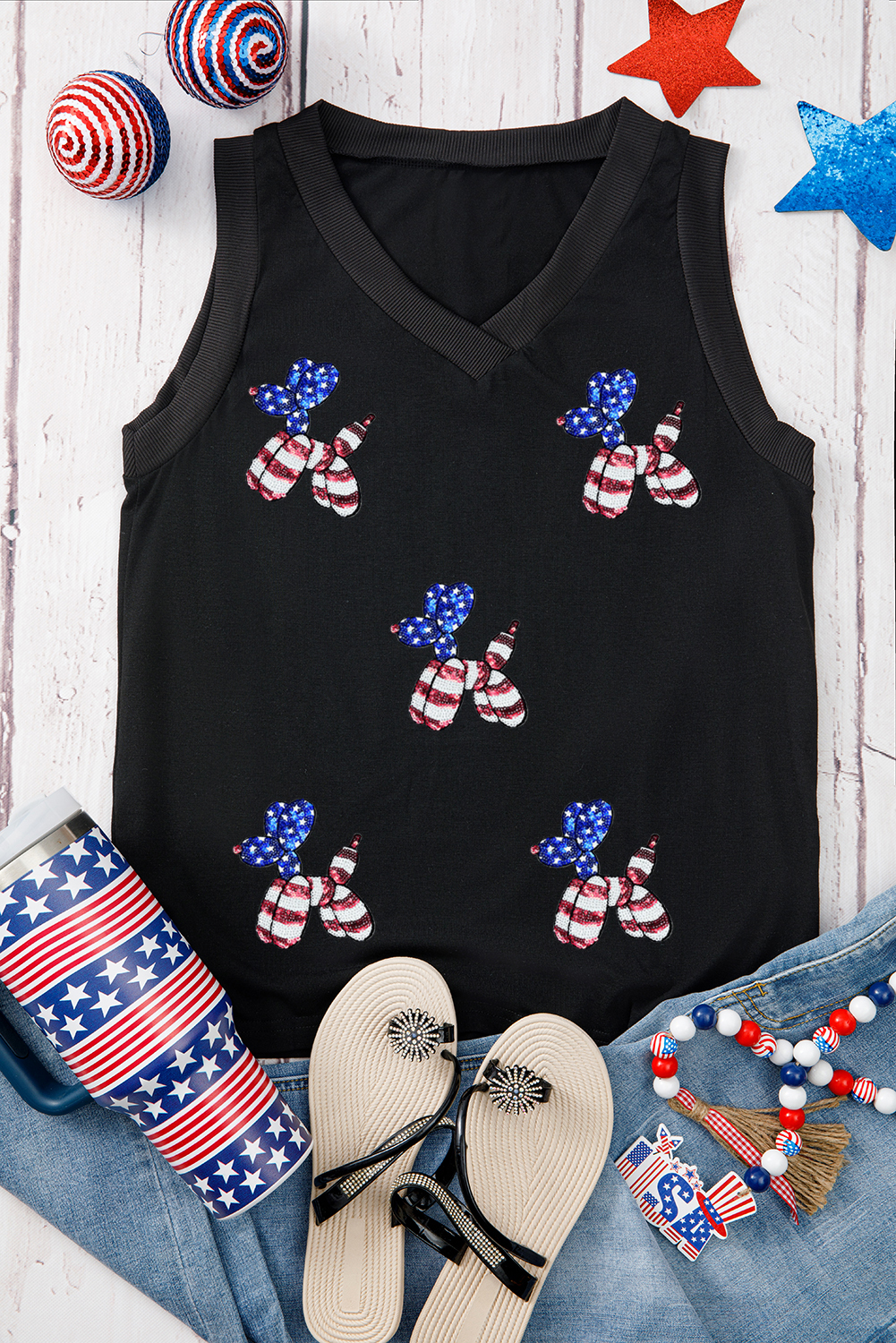 Black Flag Pattern Sequined Balloon Dog Graphic Loose Tank Top