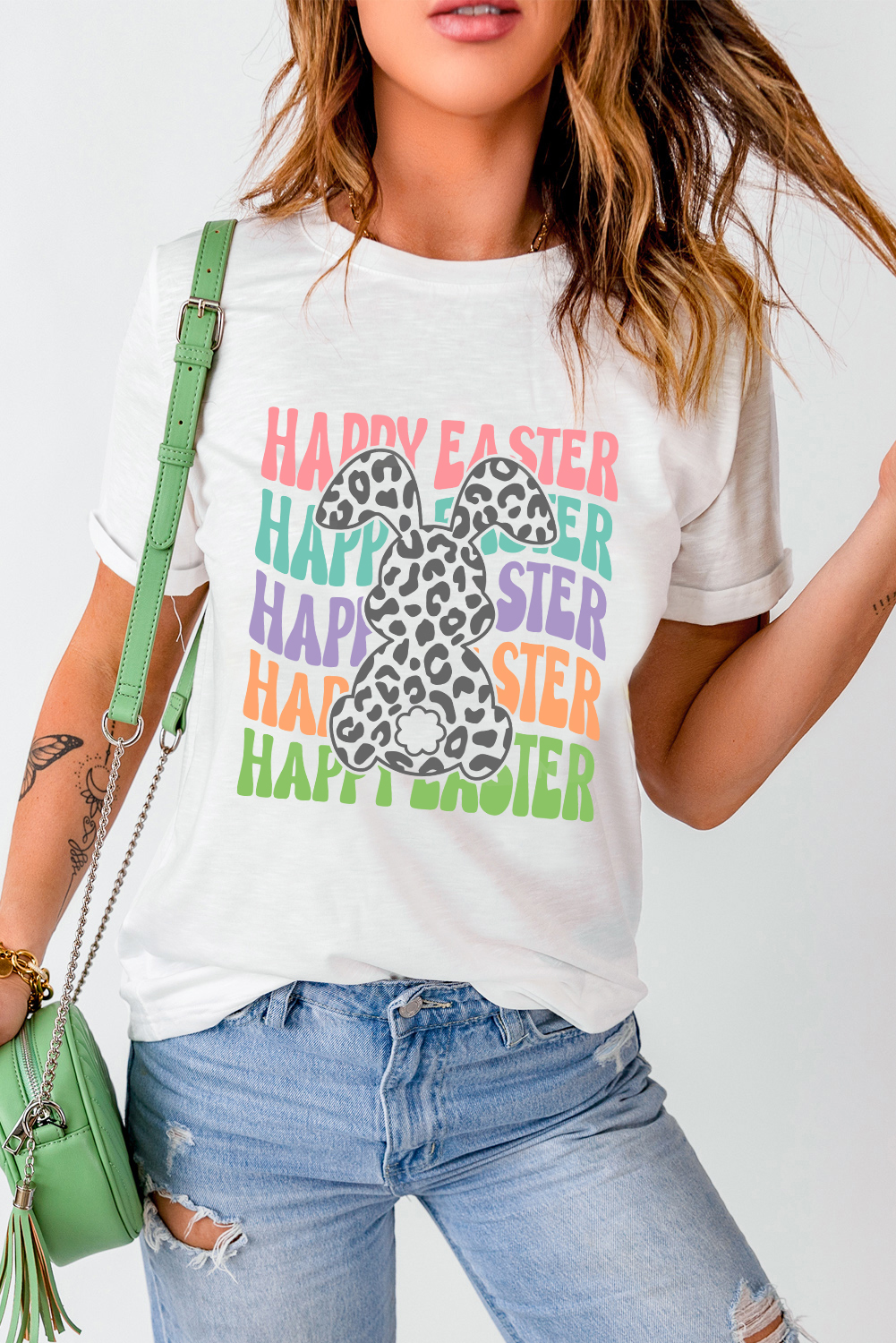 White Rabbit Bow Knot Print Crew Neck T Shirt