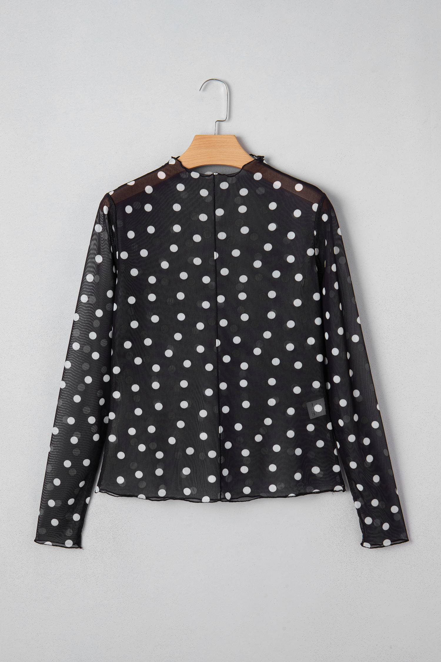 Black Polka Dot Patterned Bodycon Mock Neck Mesh Long Sleeve Top