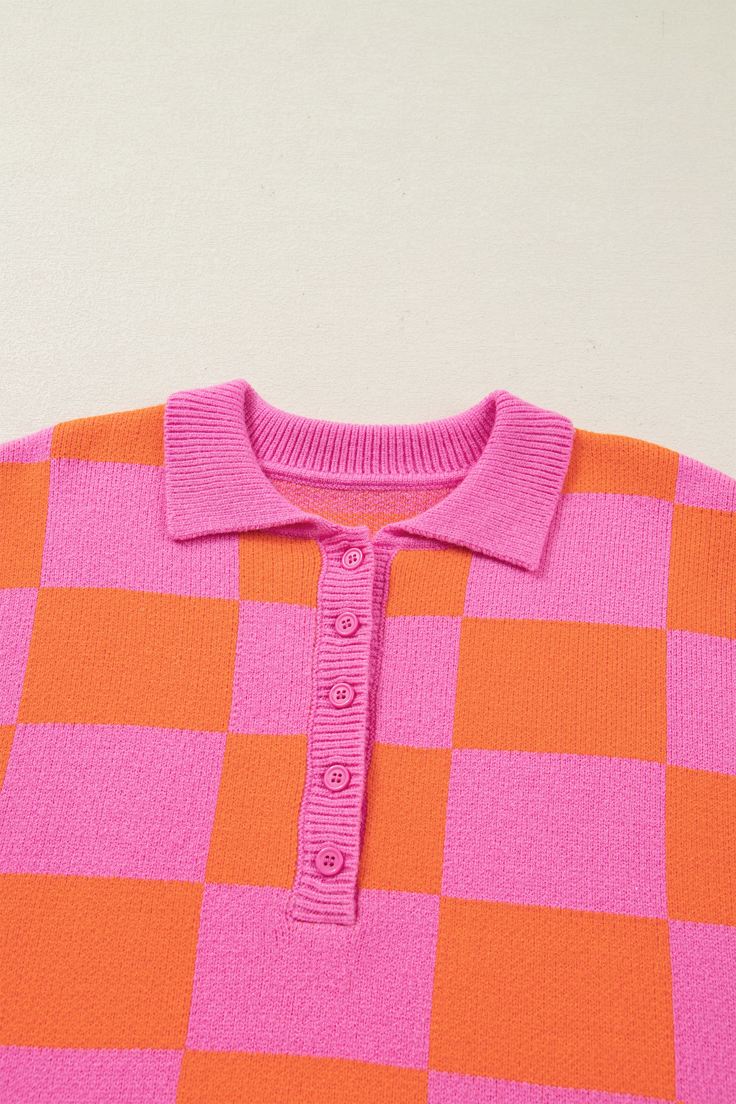 Sachet Pink Checkered Knit Polo Collar Baggy Sweater
