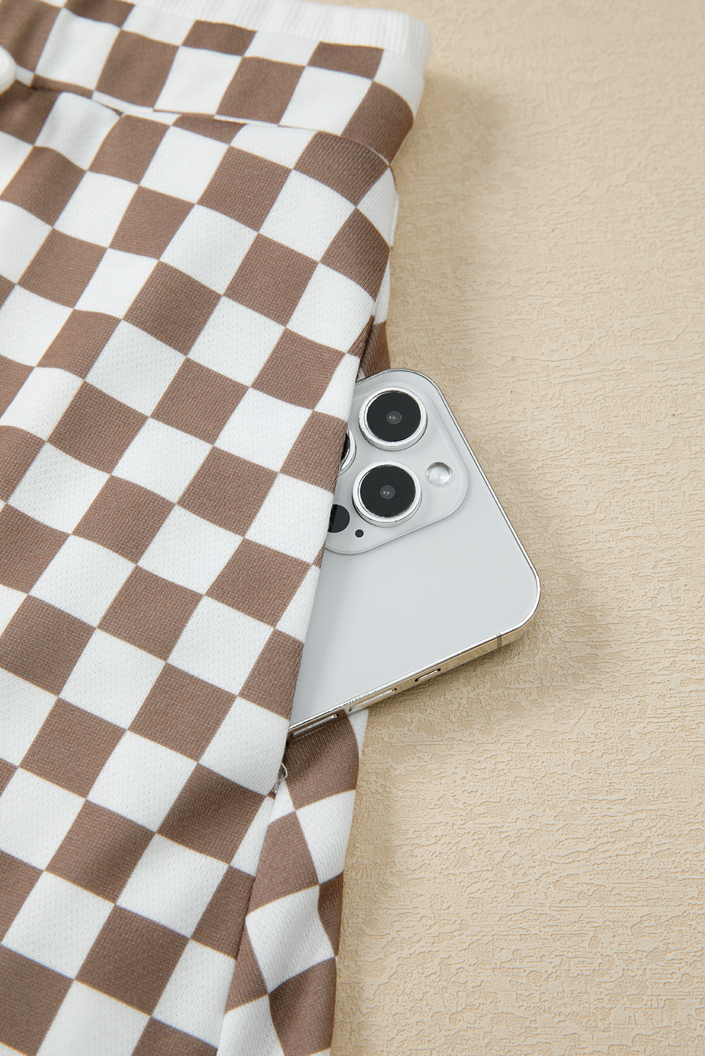 Khaki Checkered Print Polo Collar Cropped Long Sleeve Top Drawstring Mini Skirt Set