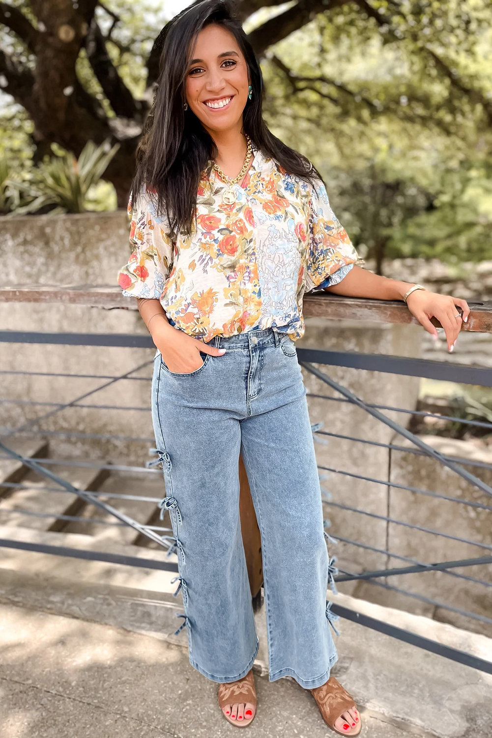 White Bow Knot Side Detail Straight Leg Loose Jeans
