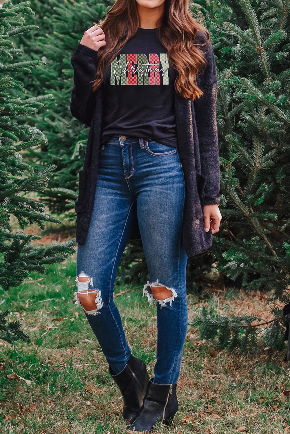 Black Plaid Checkered MERRY Christmas Graphic Crew Neck Tee