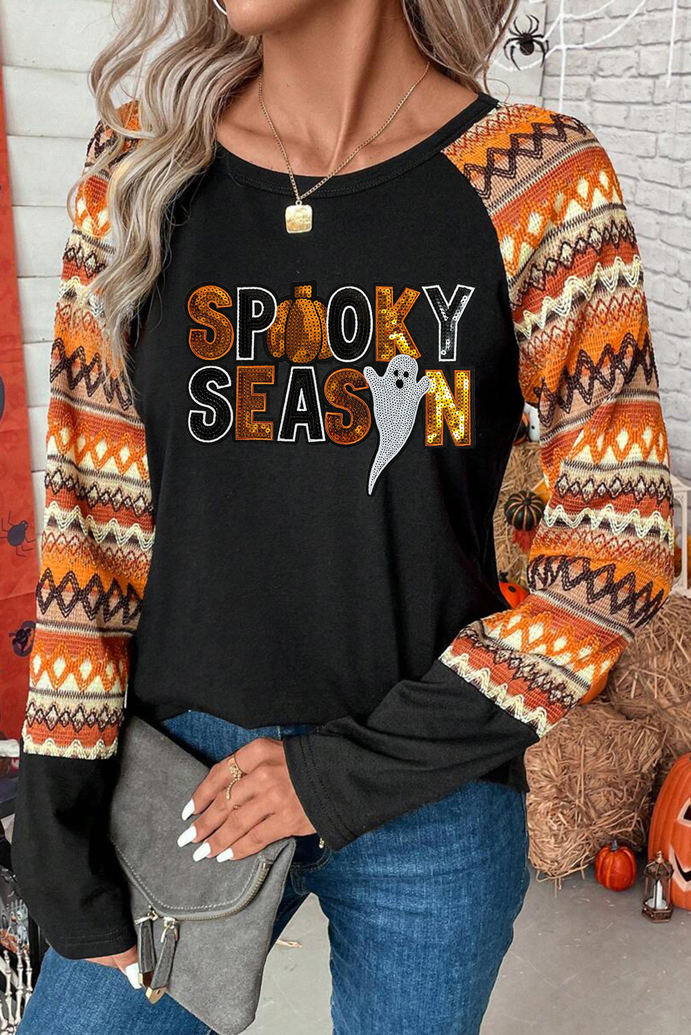 Orange SPOOKY SEASON Sequin Patched Halloween Graphic Contrast Long Sleeve Top