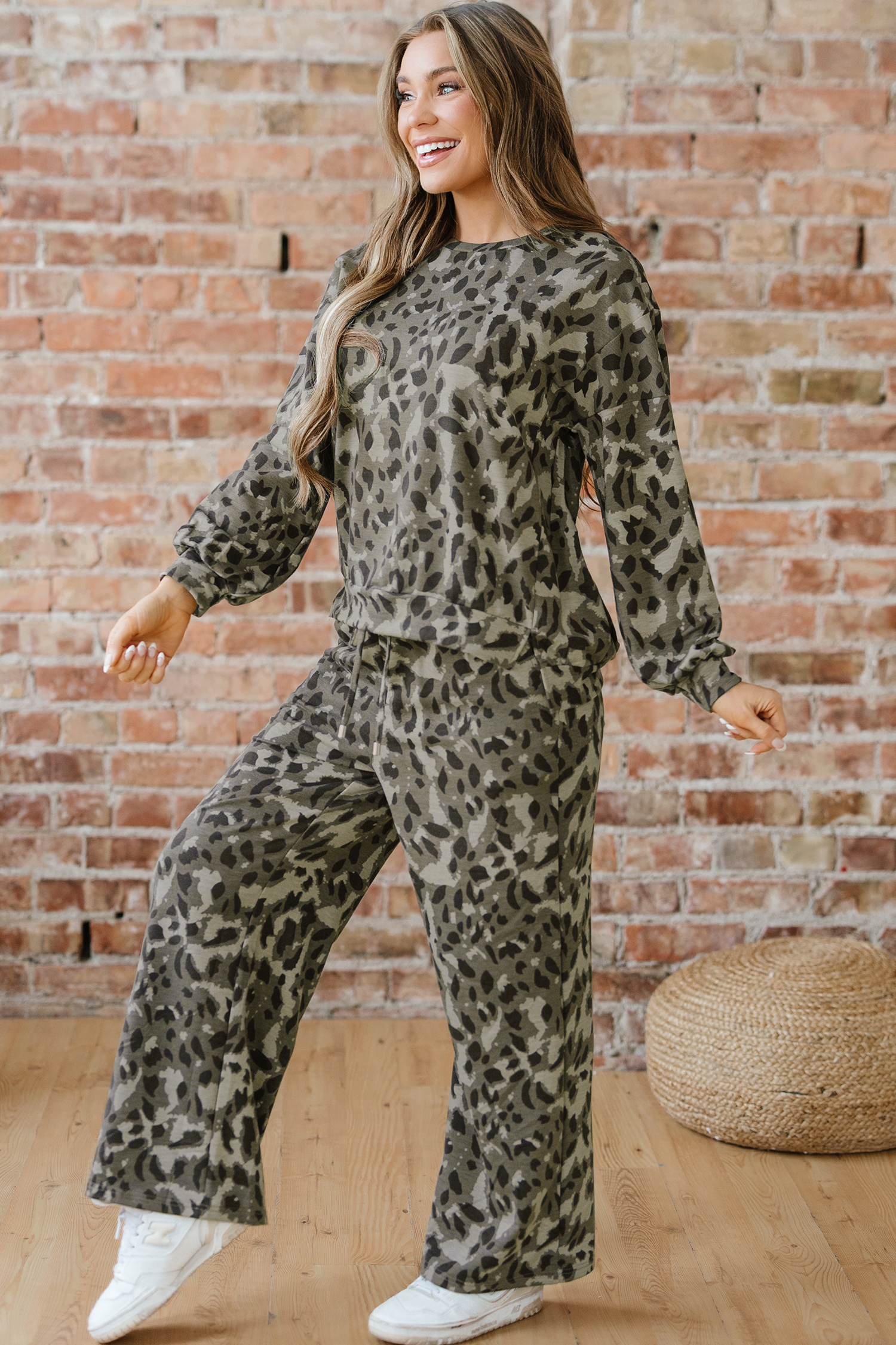 Brown Leopard Loose Tee Drawstring Waist Barrel Pants Set