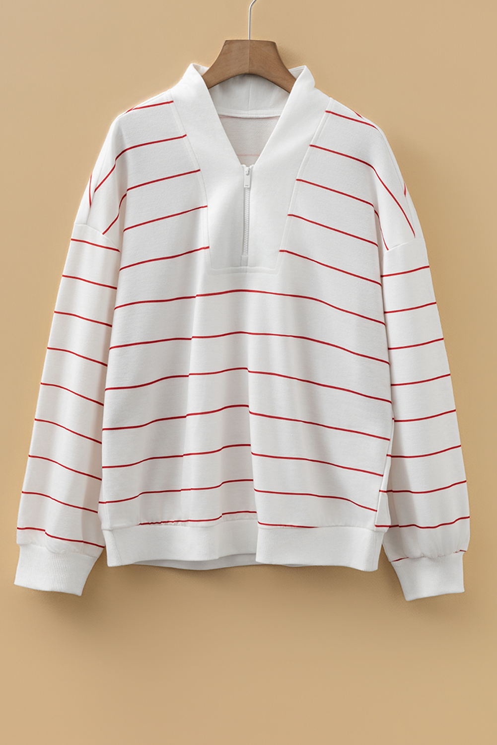 White Zip V Neck Casual Stripe Print Drop Shoulder Long Sleeve Top