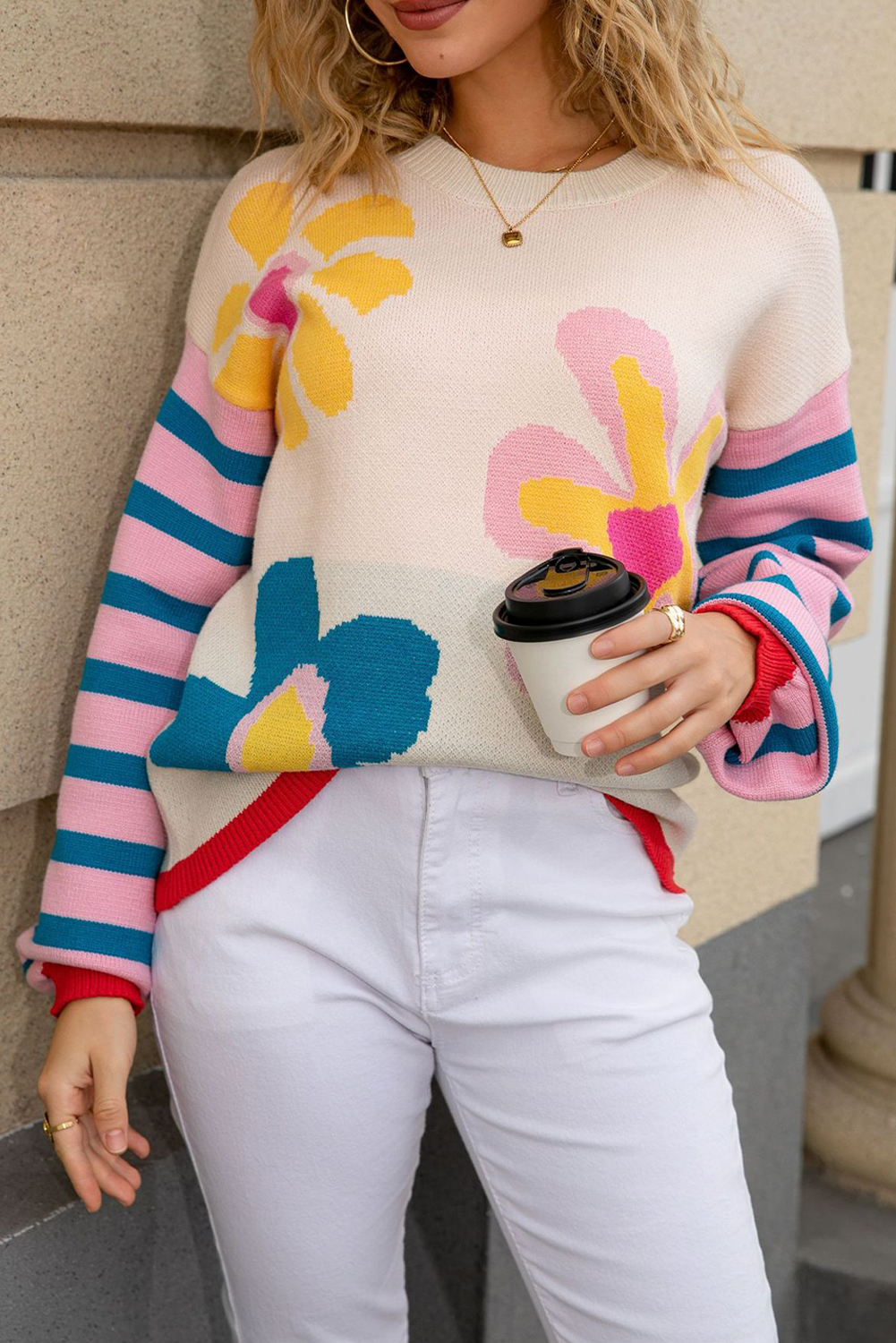 Apricot Cute Flower Pattern Striped Sleeve Sweater