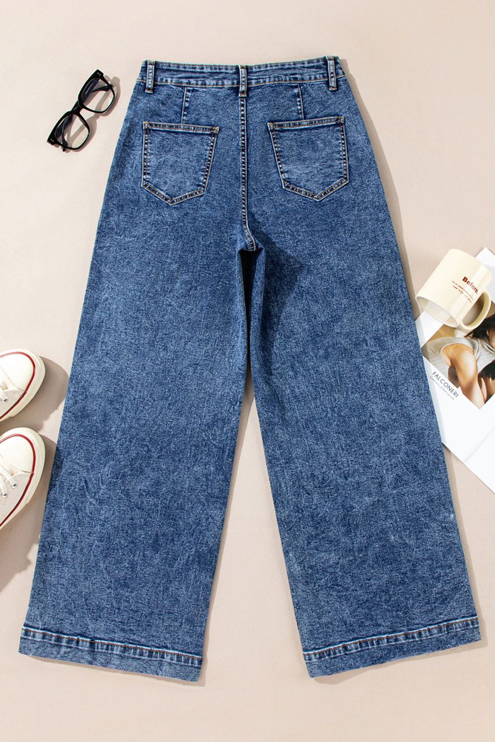 Light Blue Chic Patch Pocket Straight Leg Loose Jeans
