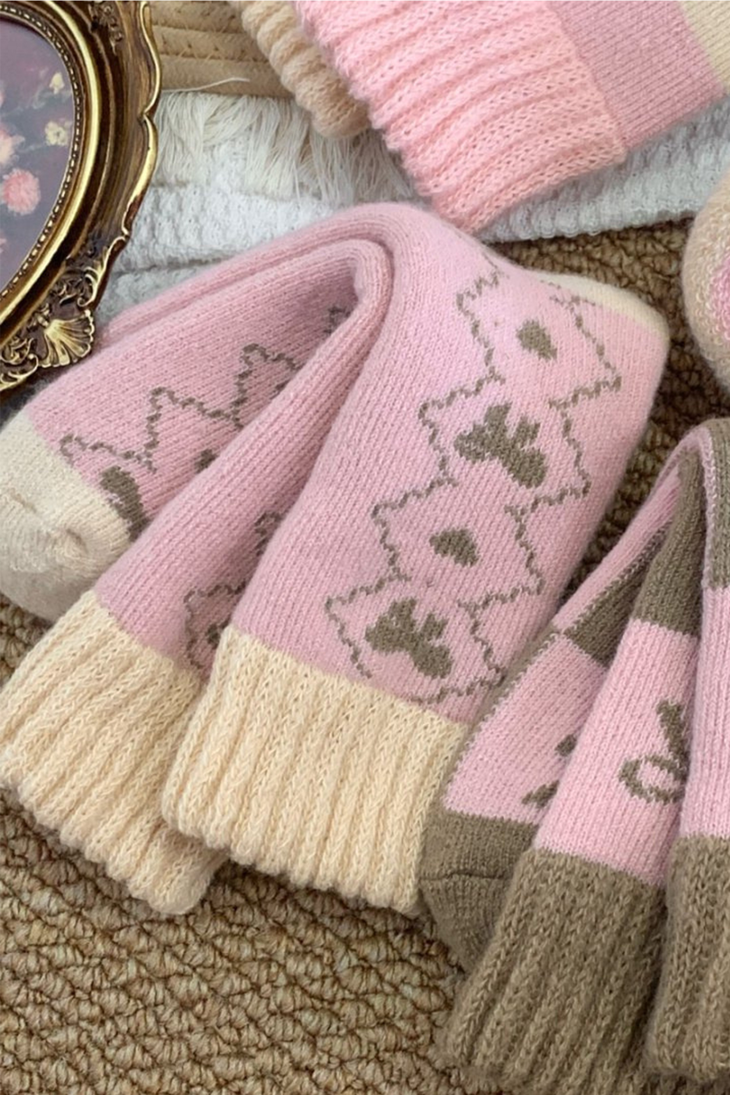 Pink Geometric Bow Heart Printed Ribbed Cuffs Winter Socks