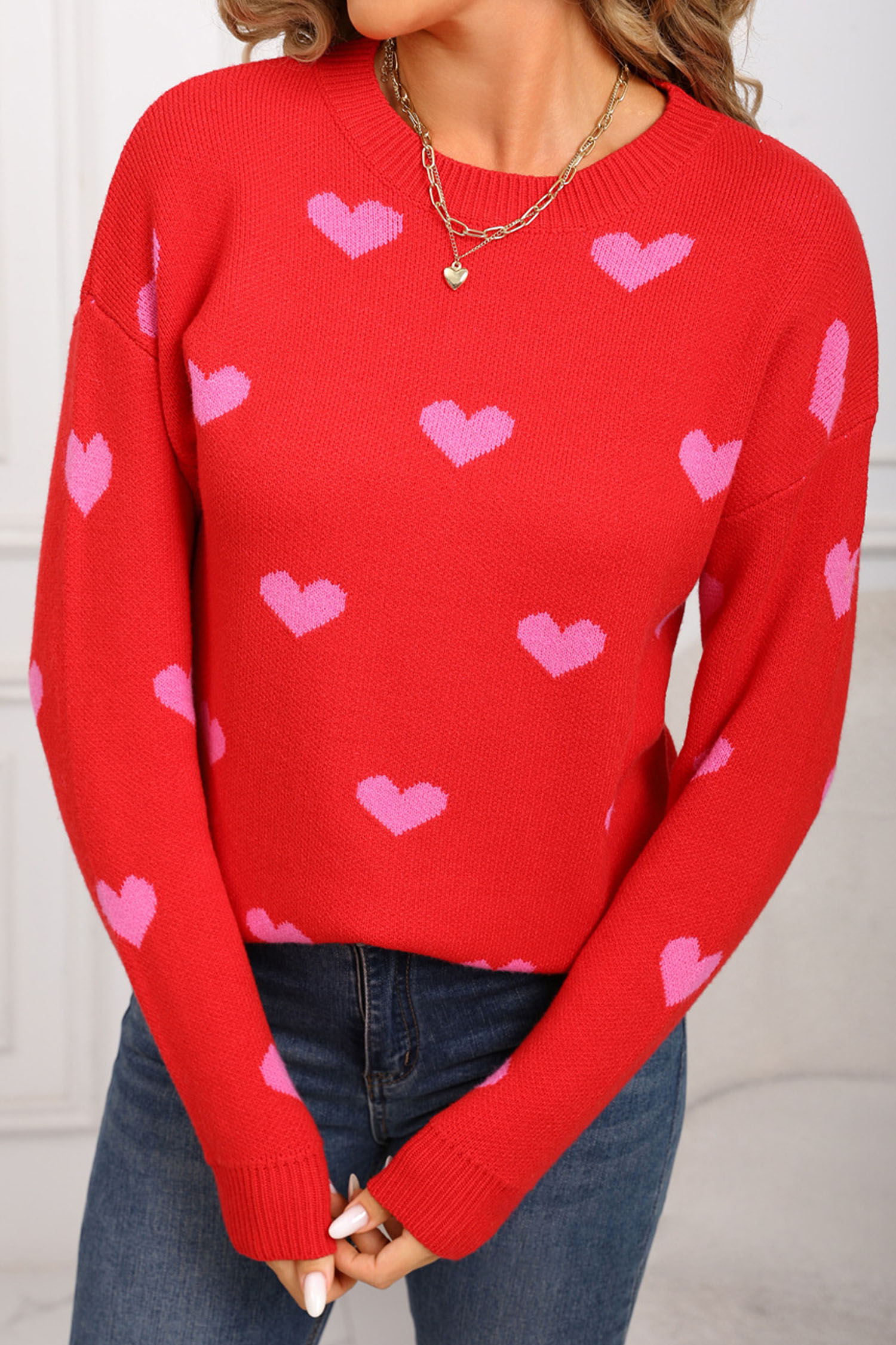 White Classic Round Neck Drop Shoulder Heart Print Sweater