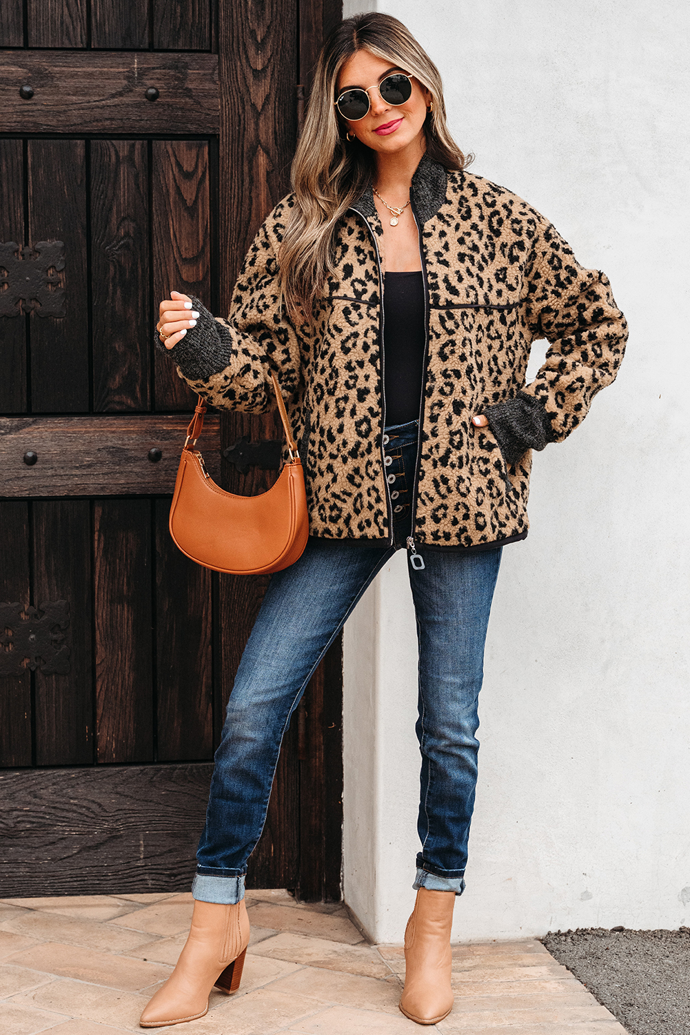 Khaki Leopard Print Zip Up Stand Neck Side Pocket Jacket