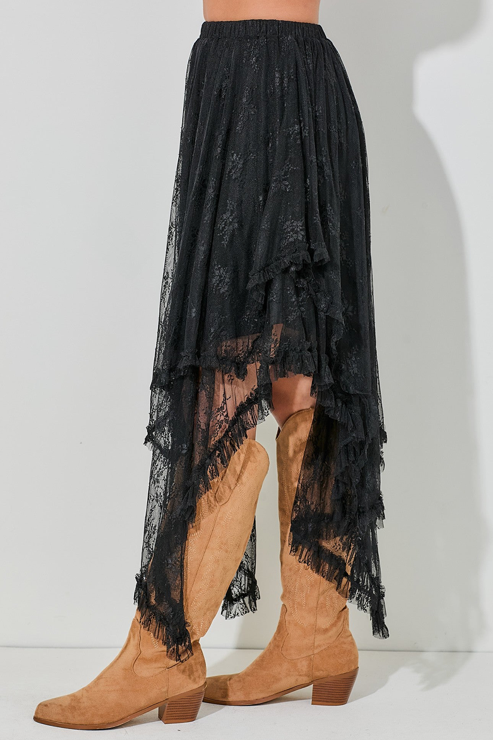 Apricot Lace Cascading Tiered High Waist Maxi Skirt