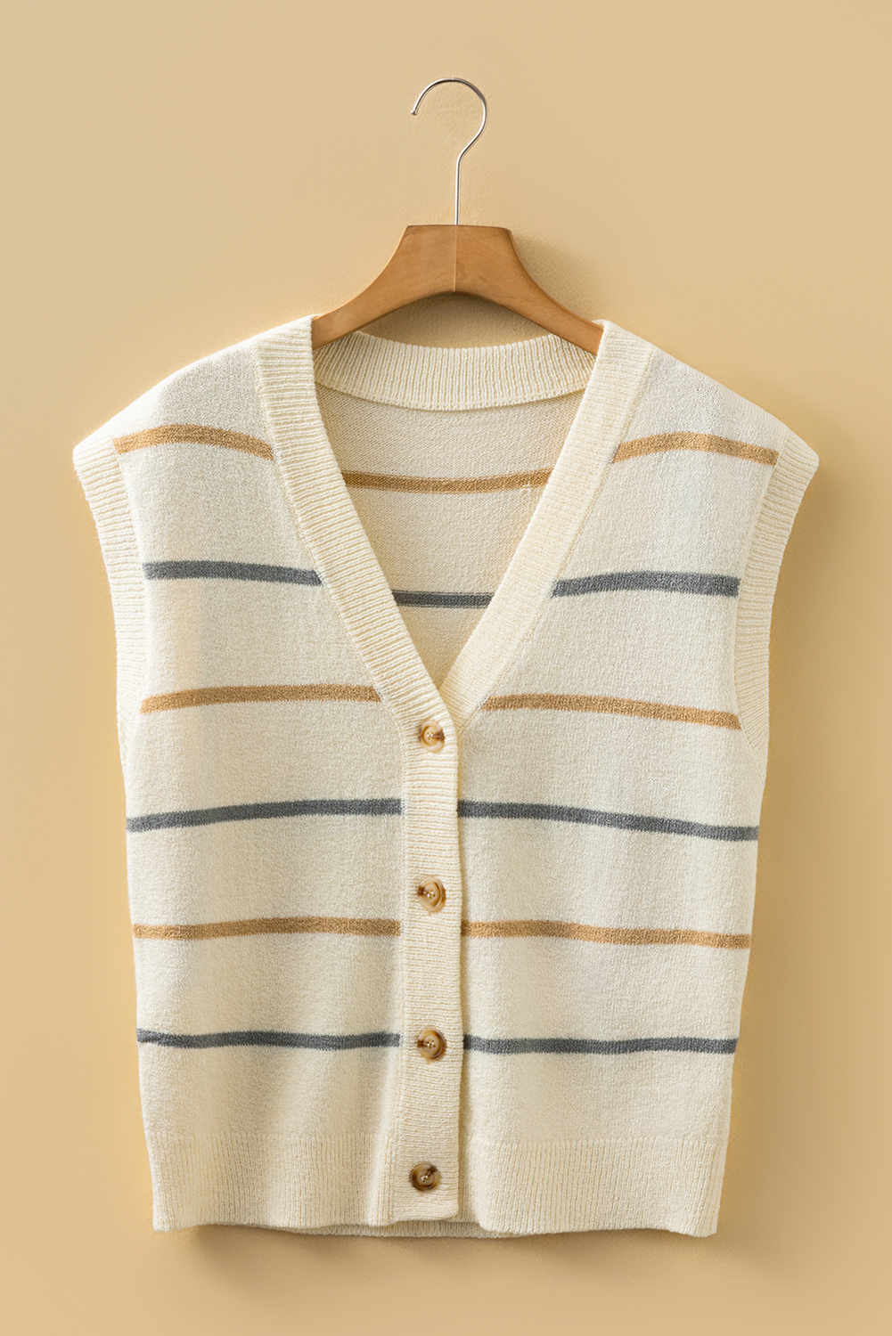 Multicolour Striped Print Button V Neck Sweater Vest