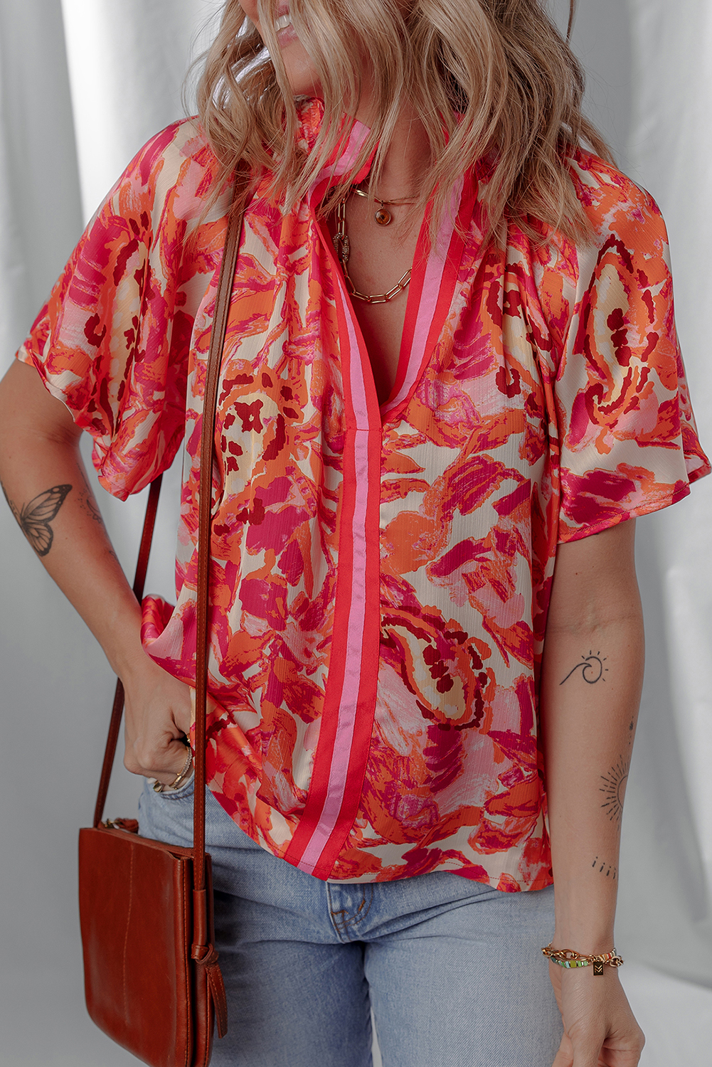 Rose Abstract Print Striped Trim Split Neck Blouse