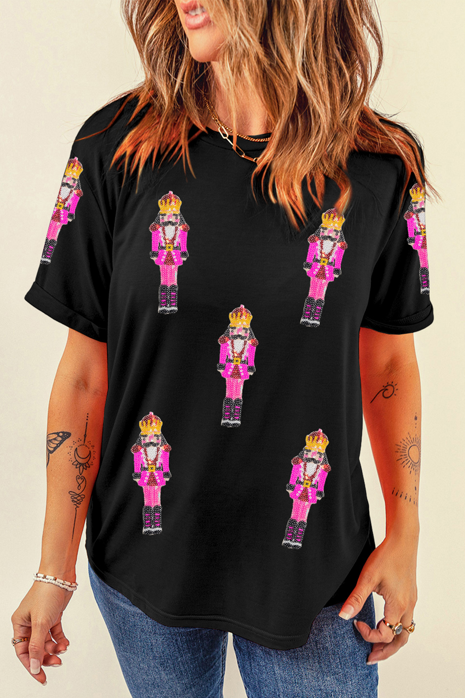 Black Sequin Patched Christmas Nutcracker Casual T Shirt