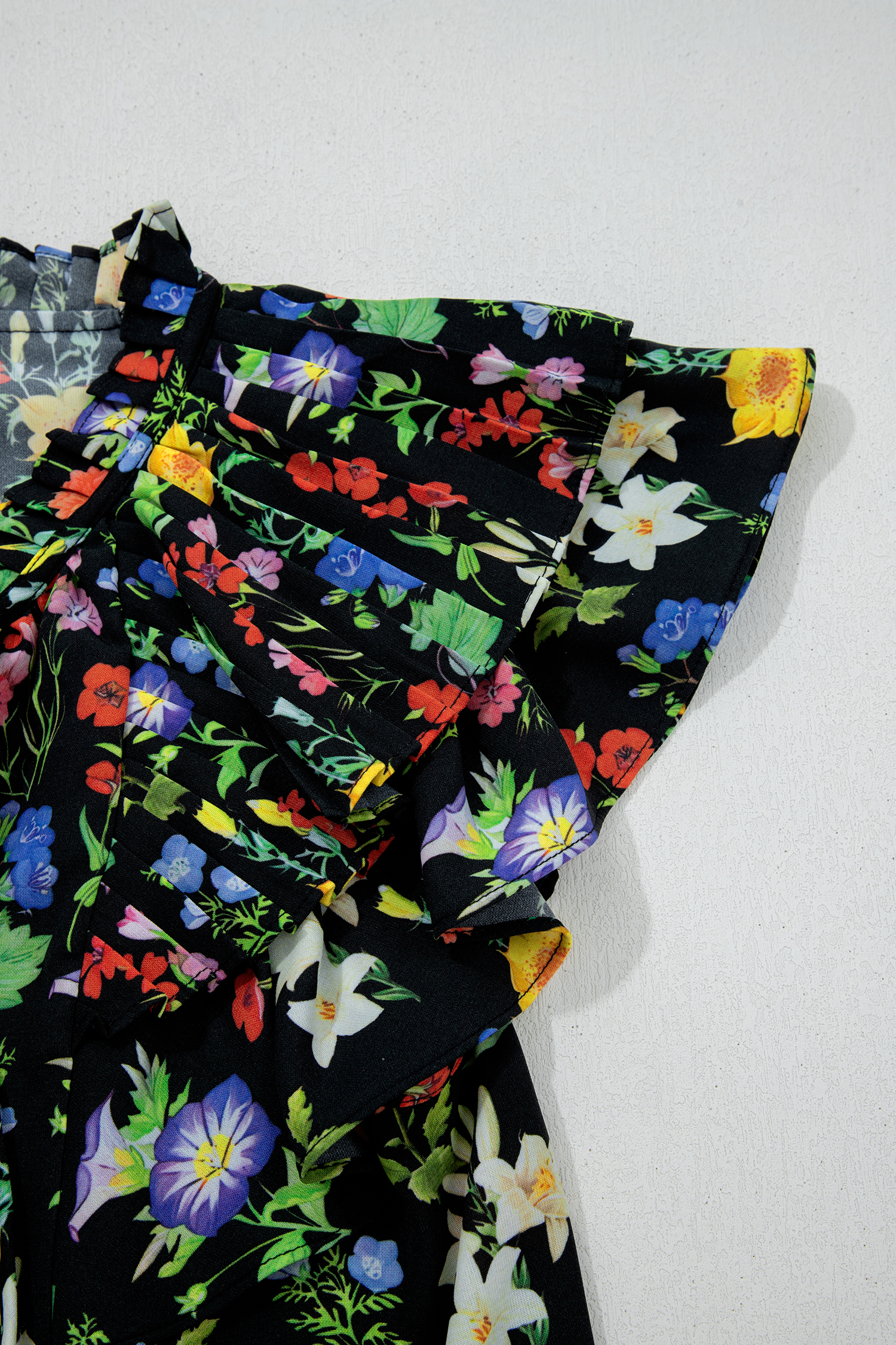 Black Tiered Flutter Sleeve V Neck Flower Blouse