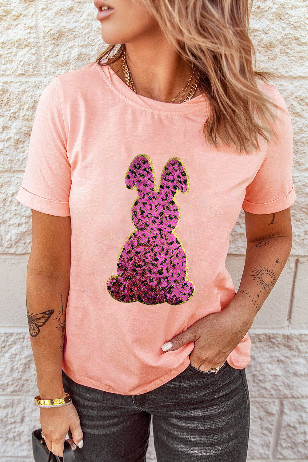 White Rabbit Bow Knot Print Crew Neck T Shirt