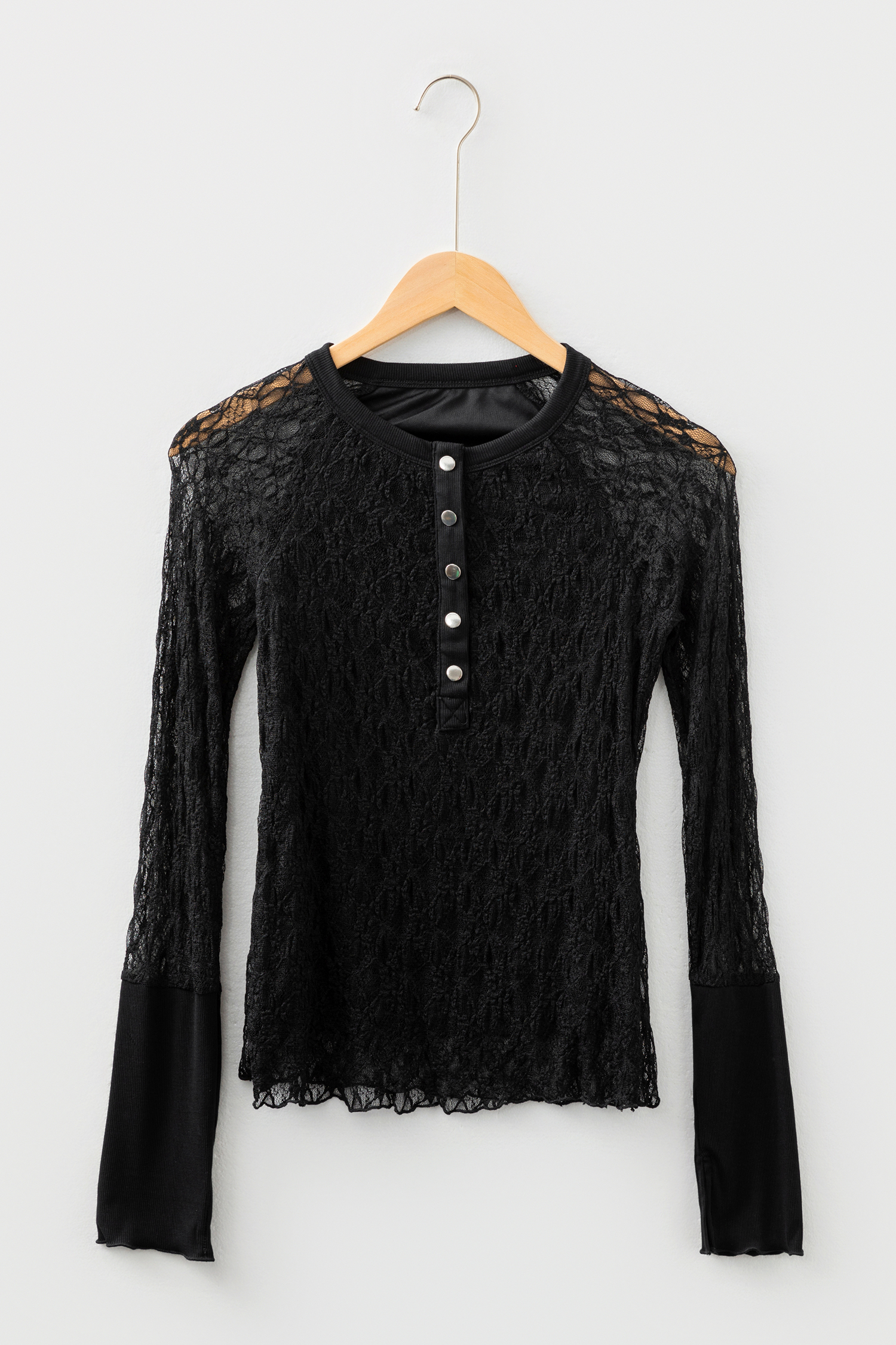 White Sheer Lace Long Sleeve Slim Henley Top