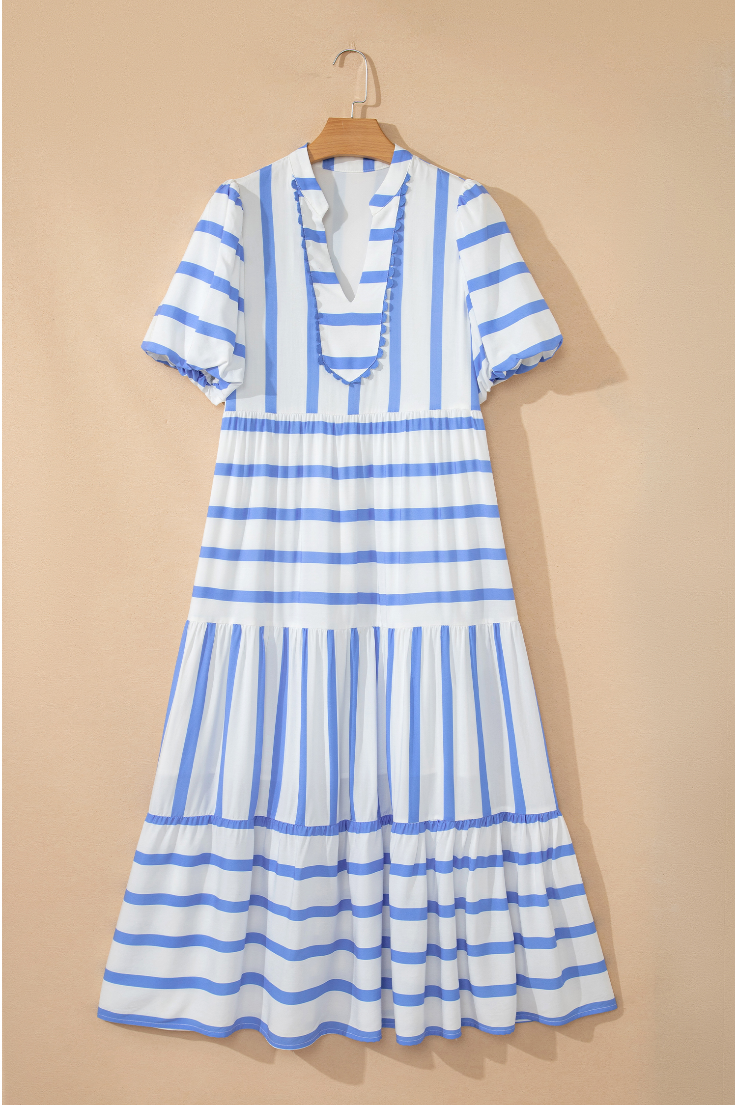 Sky Blue Stripe Ricrac Trim Notched Neck Half Sleeve Vacation Dress