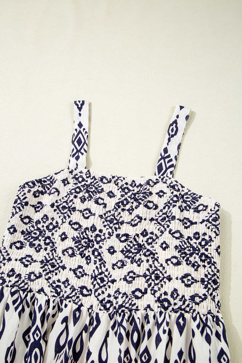 Blue Boho Geometric Print Shirred High Waist Wide Leg Jumpsuit