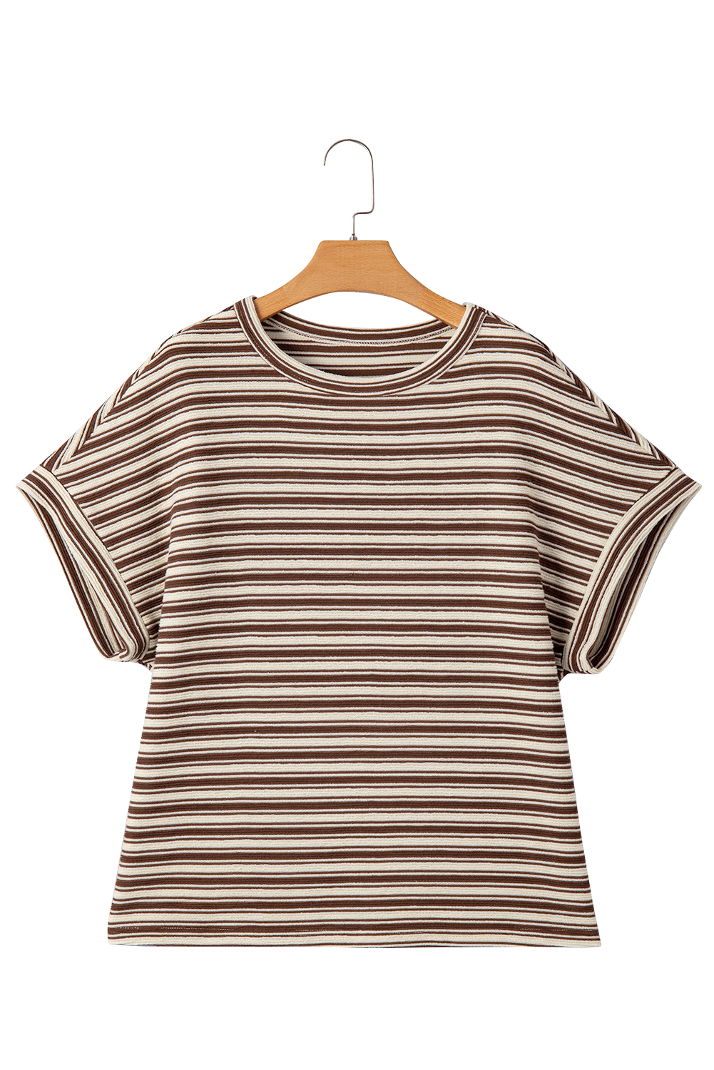 Green Stripe Textured Side Slits Crew Neck T Shirt