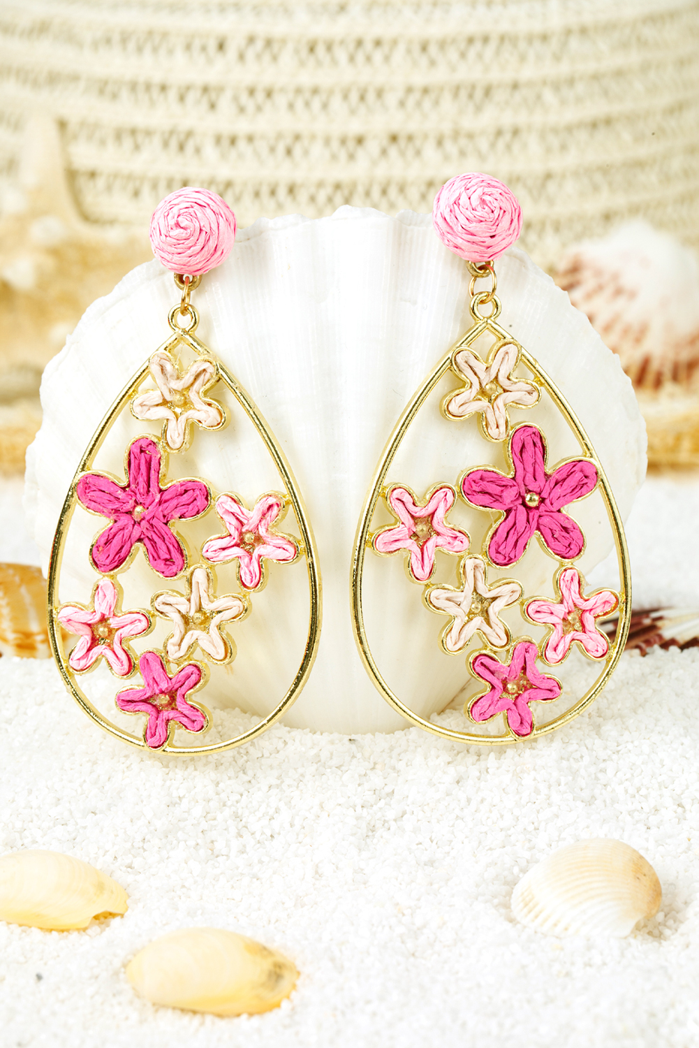 Rose Red Flower Plaited Gold Plated Waterdrop Earrings