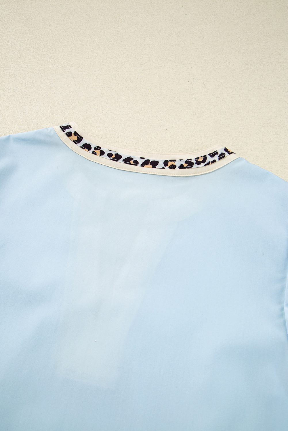 Buckskin Contrast Leopard Trim Split Neck Puff Sleeve Blouse