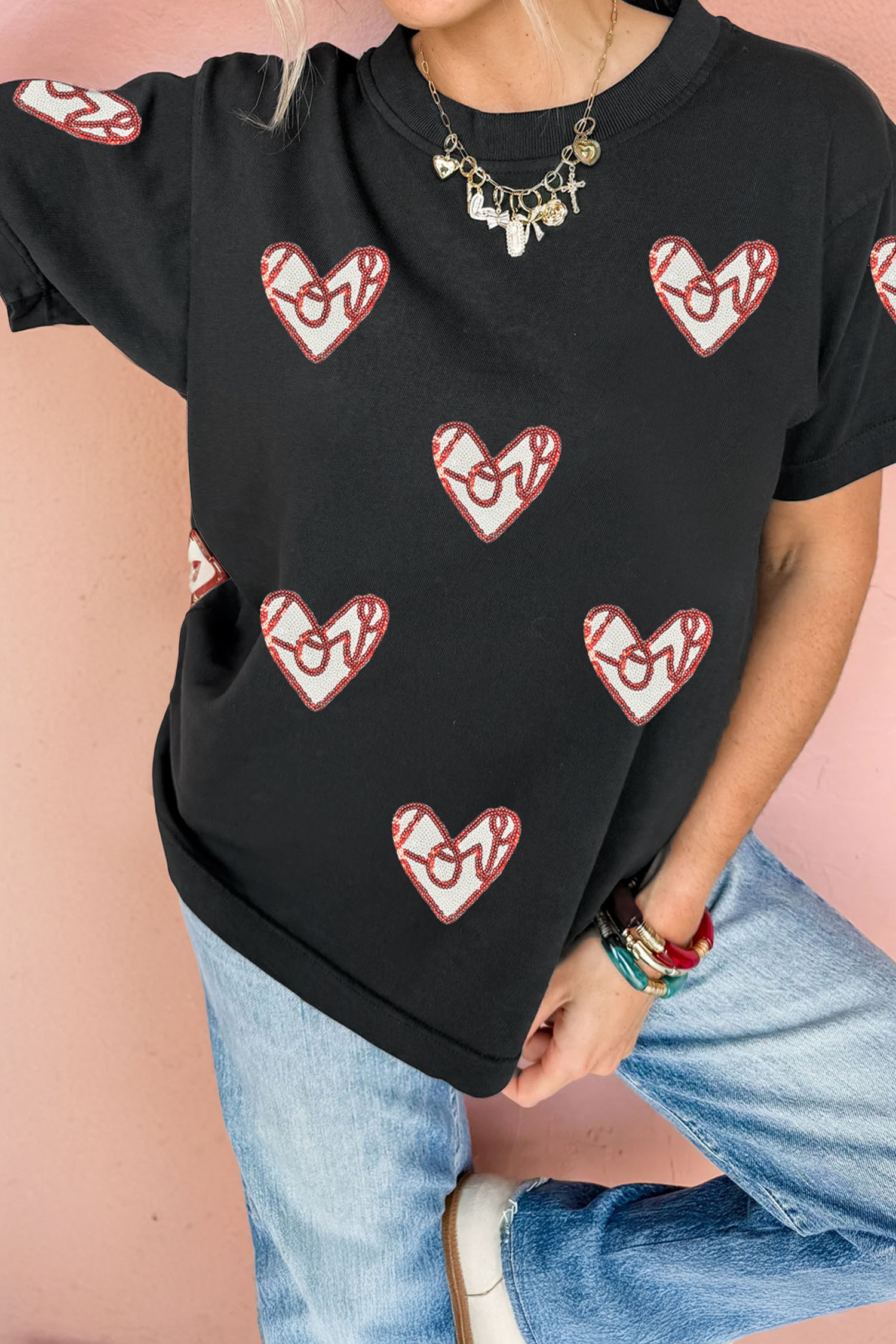 Black Sequin Heart Patched Valentines Day Fashion Graphic Tee