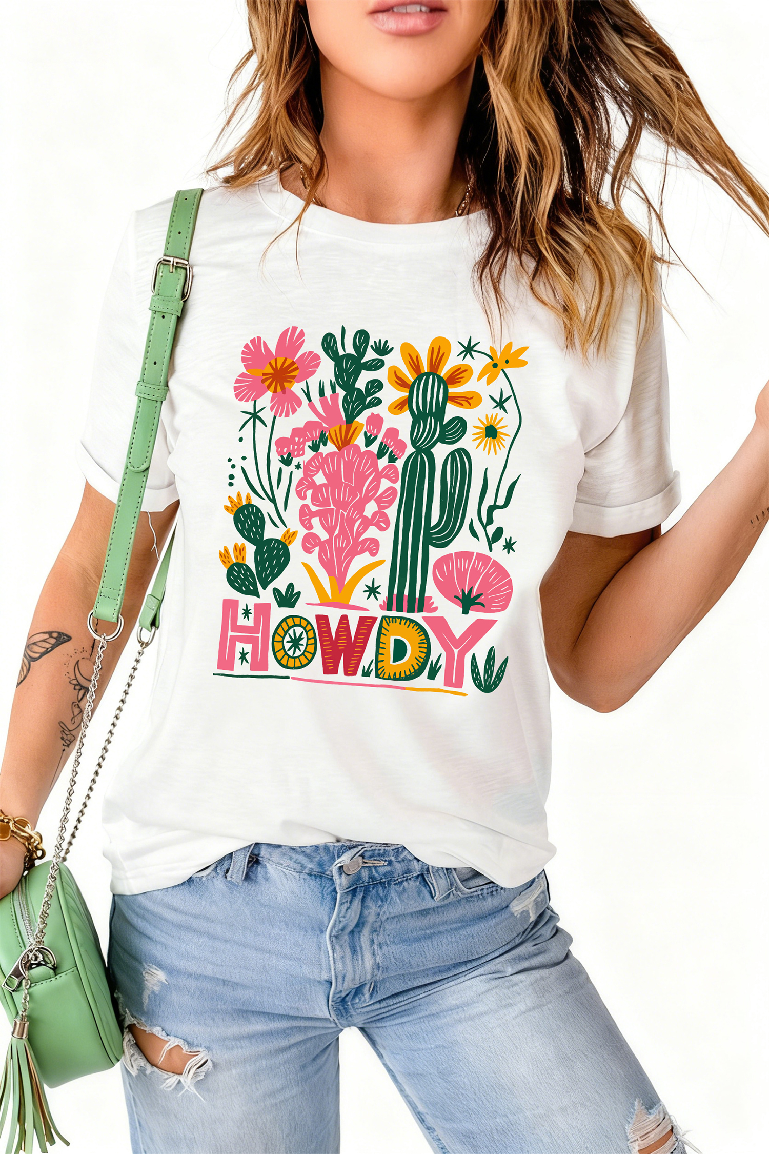 White HOWDY Cactus Flower Printed Cowgirl Fashion Tee