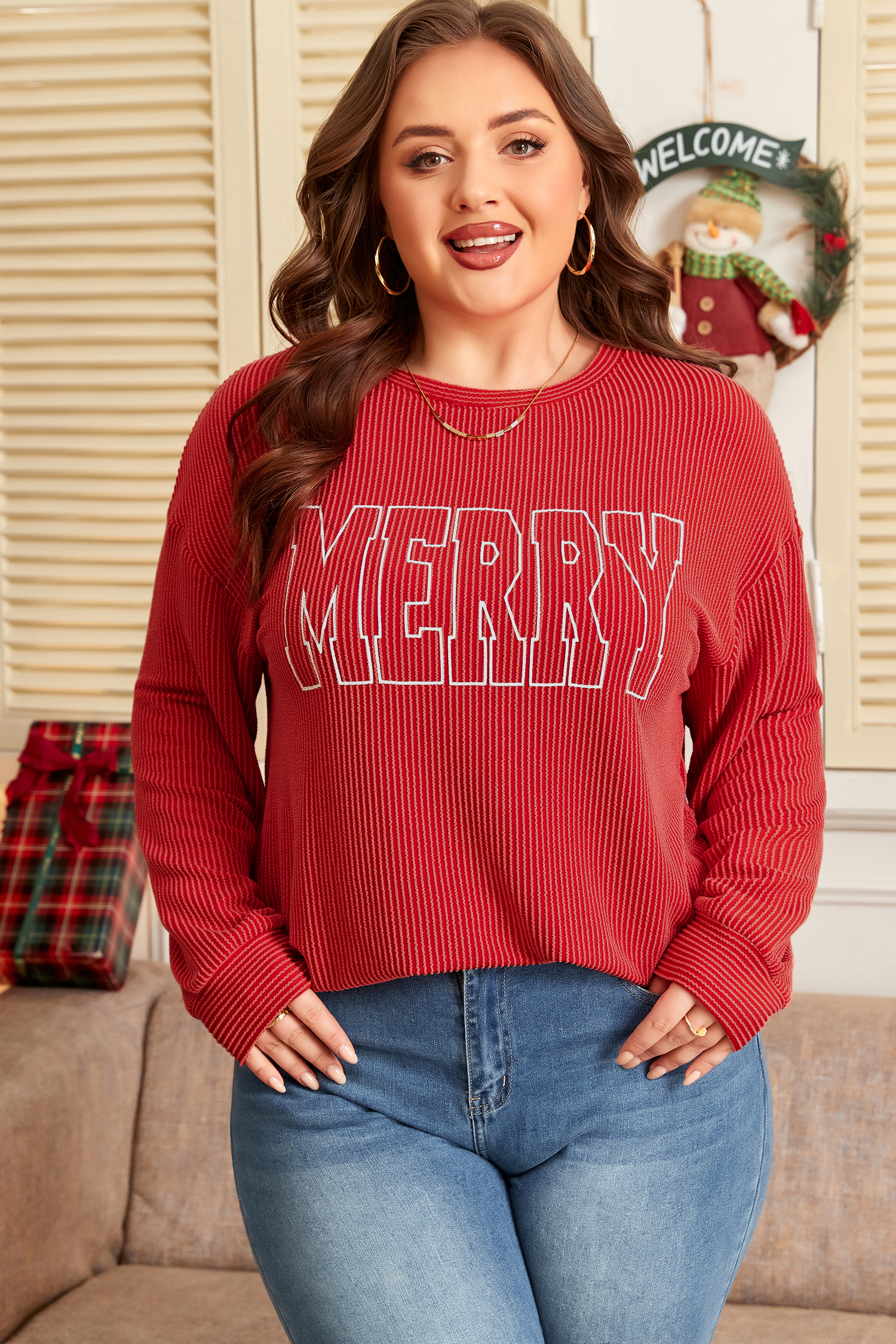 Evergreen Twisted Rib Outlined Merry Letter Graphic Loose Long Sleeve Top