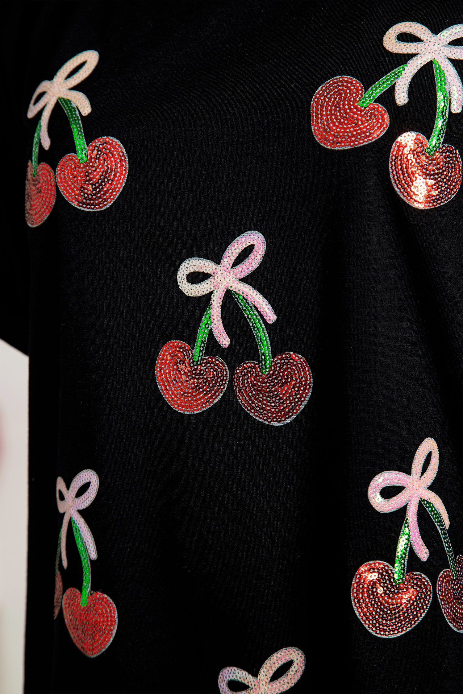 Black Sequin Bow Cheery Patched Valentines Graphic Tee