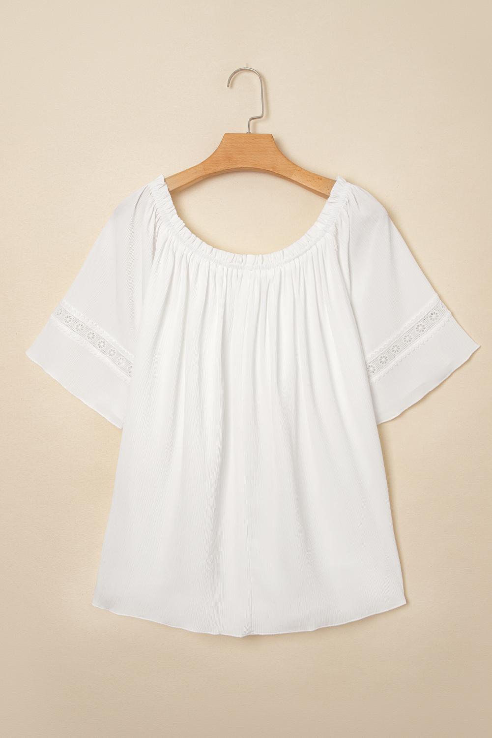 White Frilly Off Shoulder Lace Insert Sleeve Textured Blouse
