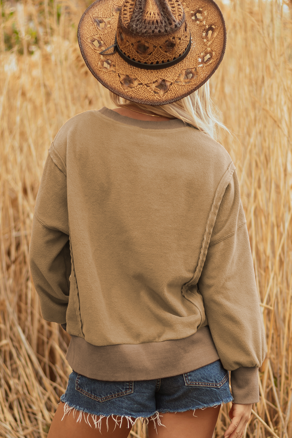 Dark Khaki Fuzzy Sherpa Splicing Pullover Sweatshirt with Side Slit