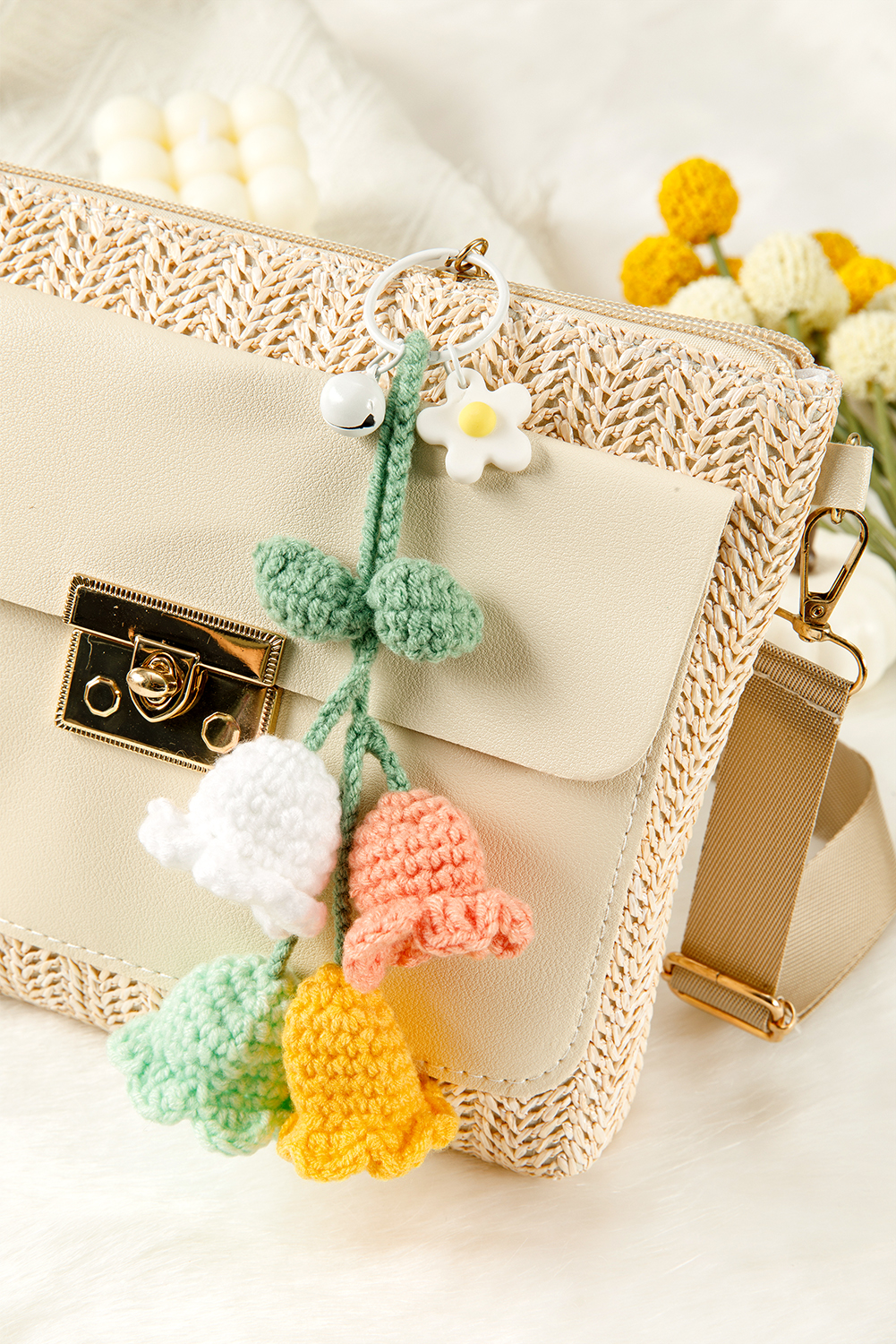 Meadow Mist Green Handmade Crochet Bell Orchid Flower Key Ring Bag Pendant