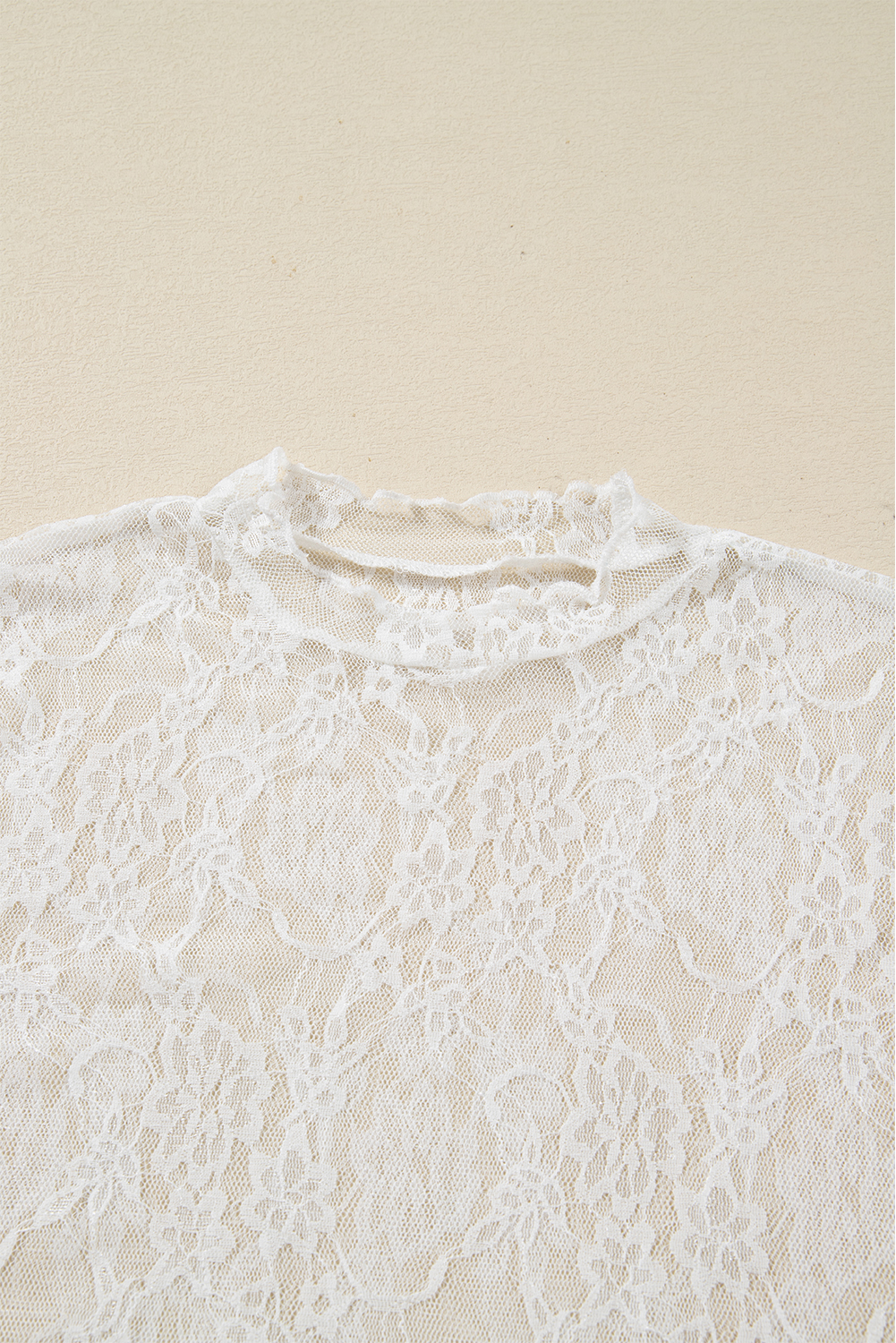 White Sheer Lace Mesh Mock Neck Slim Fit Long Sleeve Top