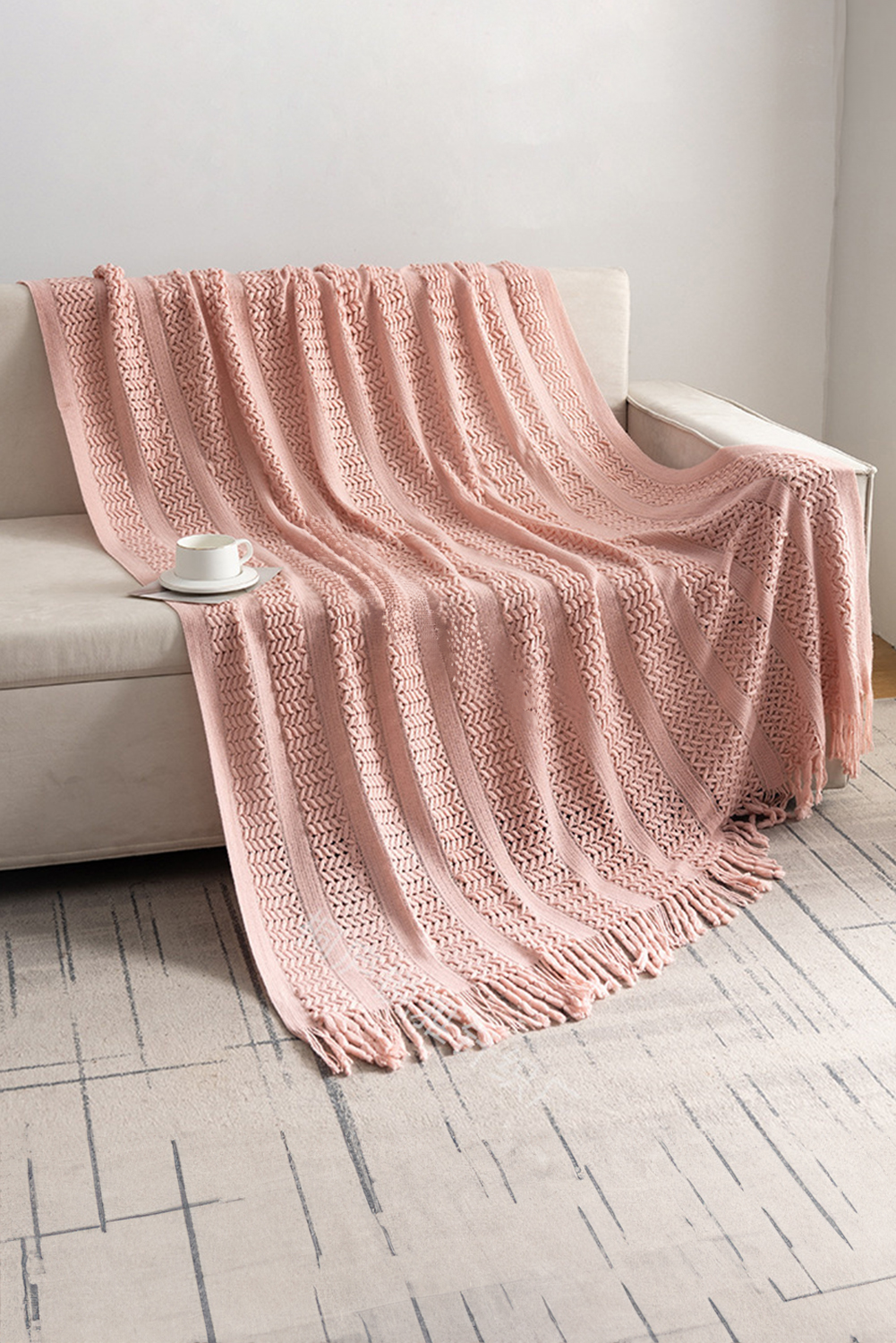 Dusty Pink Fashion Texture Design Tassel Trim Blanket