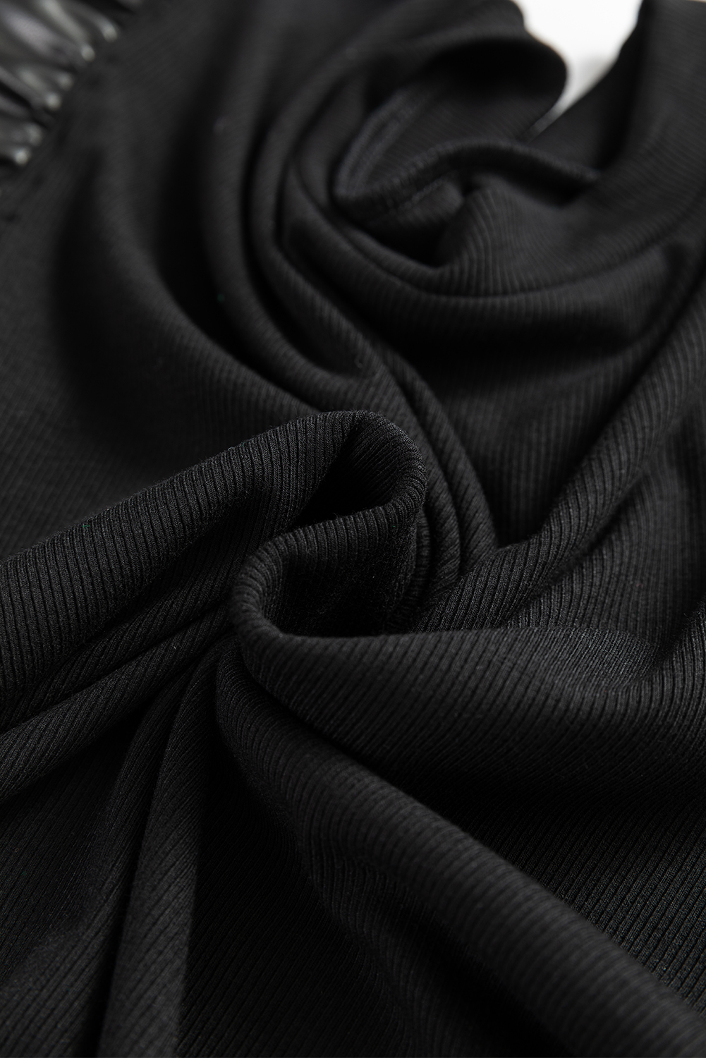 Black GAME DAY Checkered Letter Graphic Leatherette Ruffle Sleeve Top