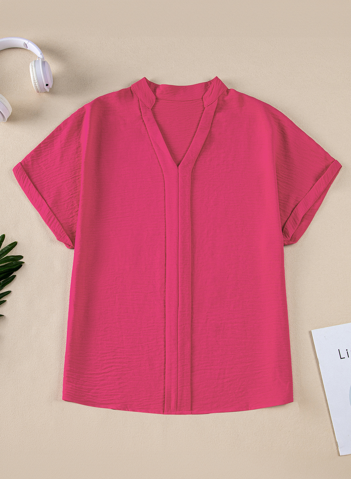 Black Notched Neck Batwing Sleeve Lightweight Blouse