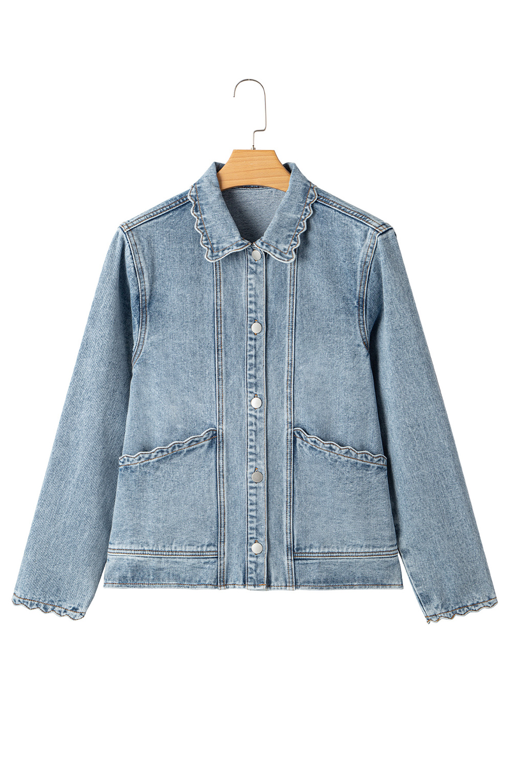 Myosotis Scallop Trim Collar Patched Pocket Button Up Mineral Washed Denim Jacket