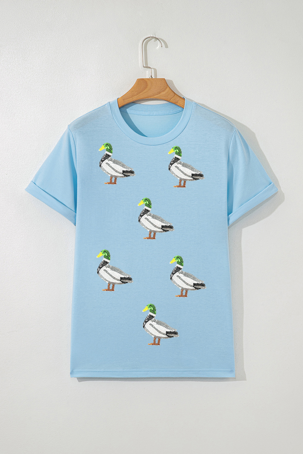 Light Blue Sequin Mallard Graphic Womens Casual Tee