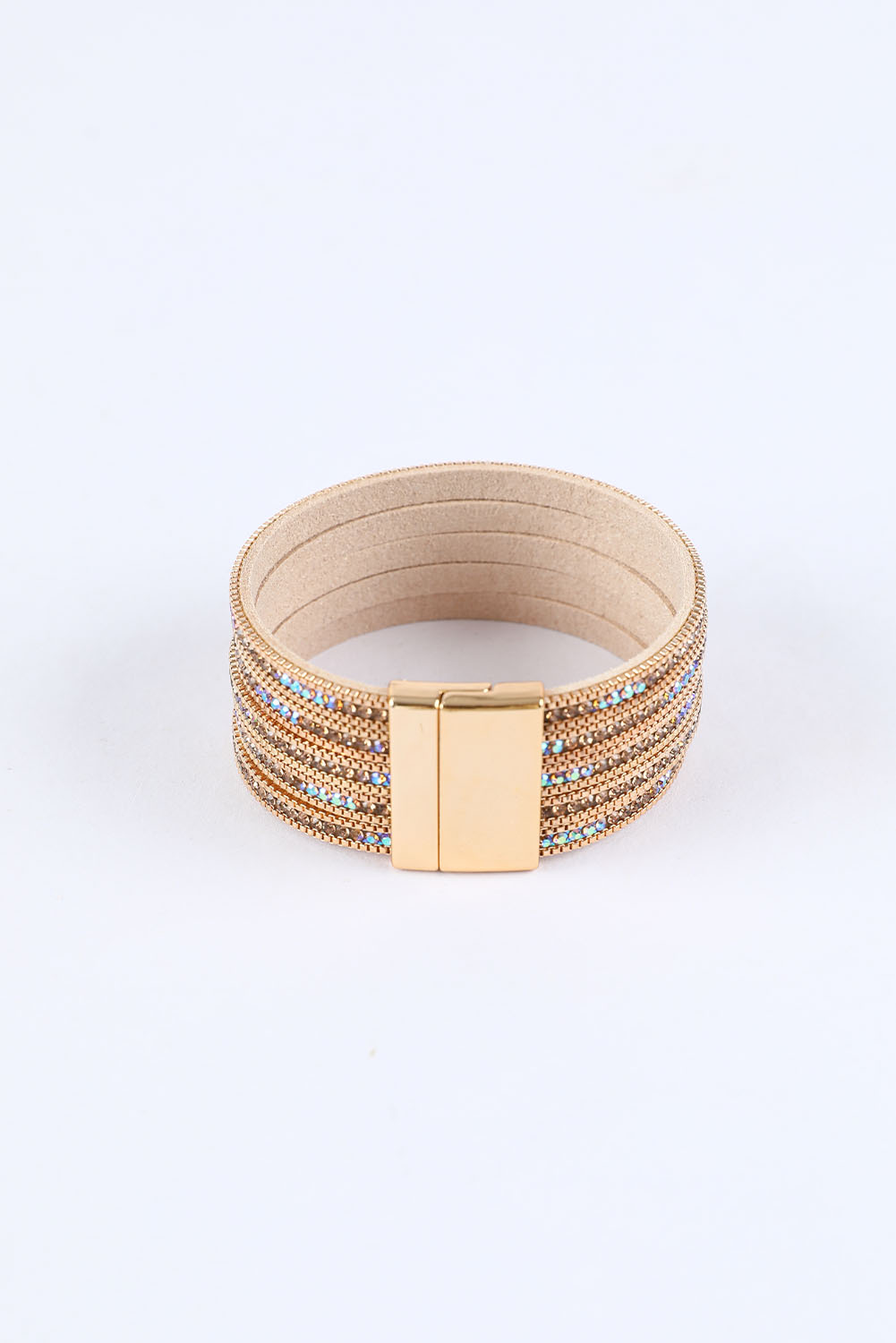 Gold Full Diamond Leather Wide Plated Magnetic Buckle Bracelet