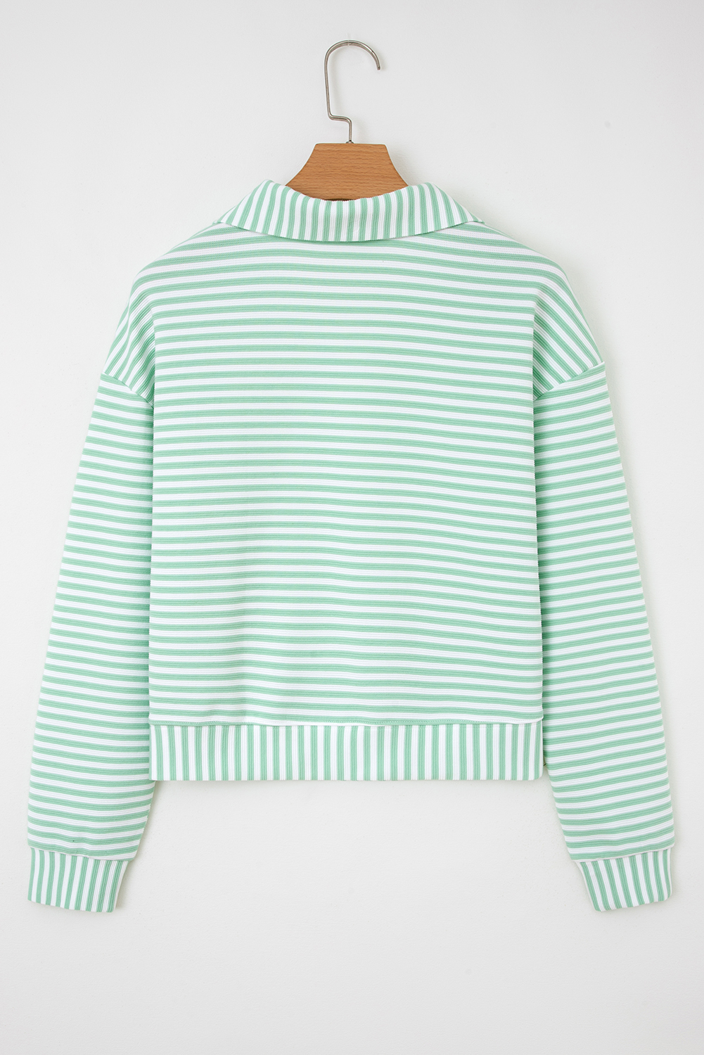Green Stripe Quarter Zip Collar Pullover Long Sleeve Top