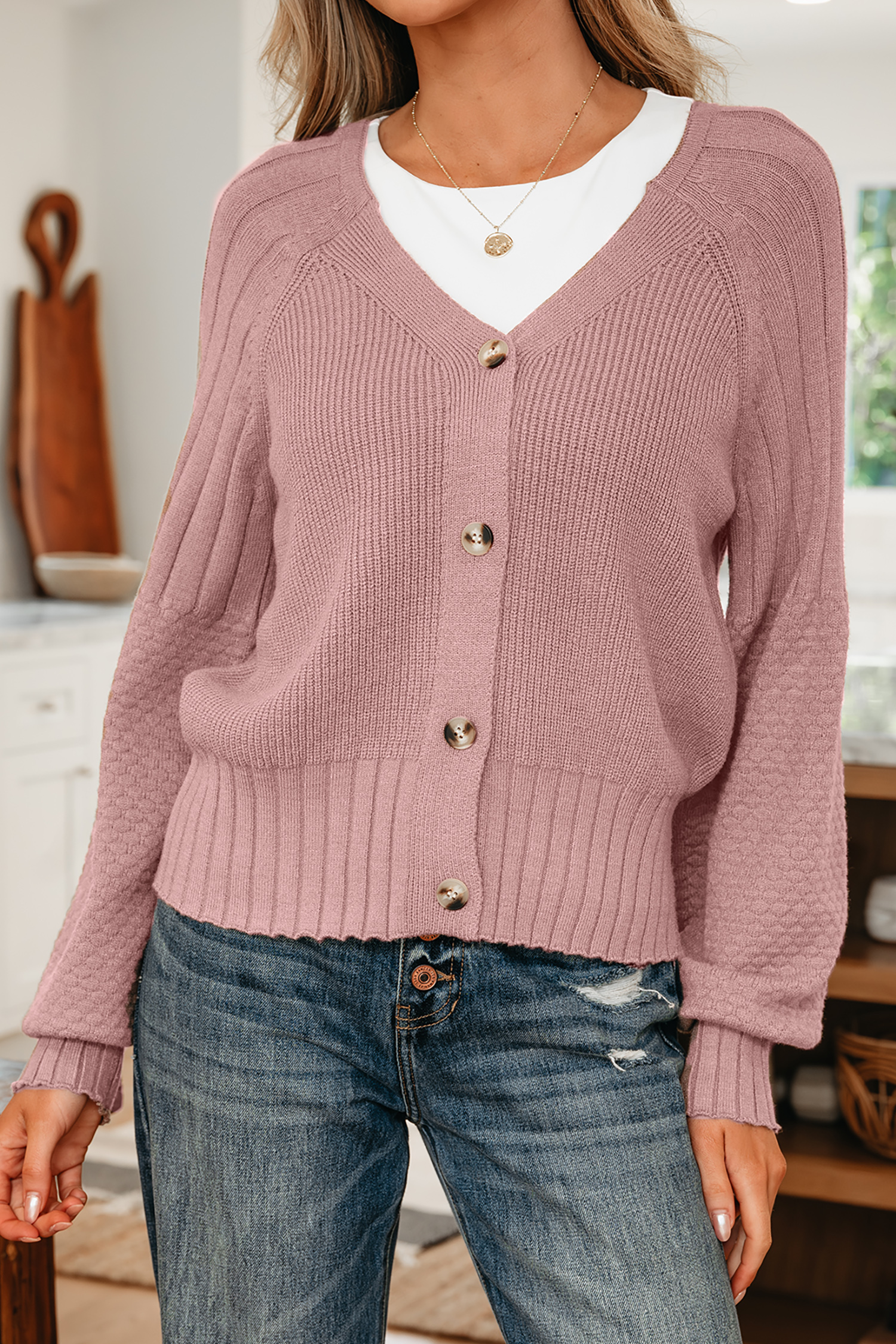 Light Pink Mixed Texture Knit Button V Neck Sweater Cardigan