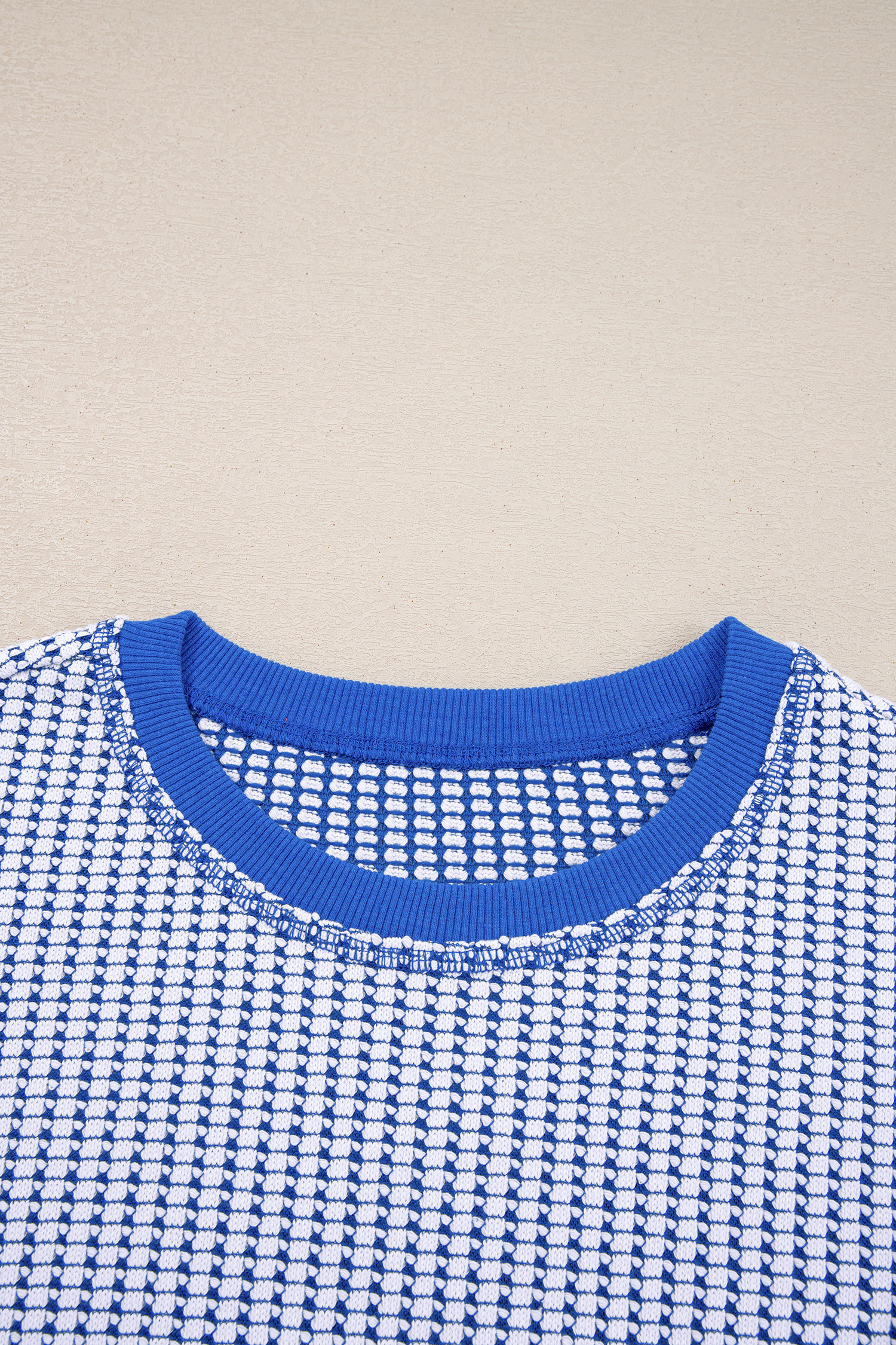 Dark Blue Waffle Knit Exposed Stitching Casual Top with Side Slits