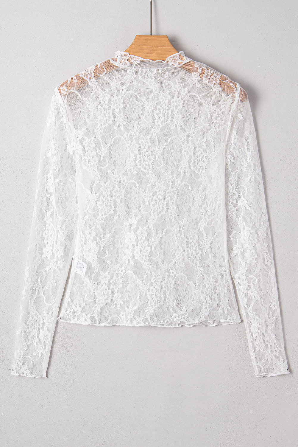White Sheer Lace Mesh Mock Neck Slim Fit Long Sleeve Top