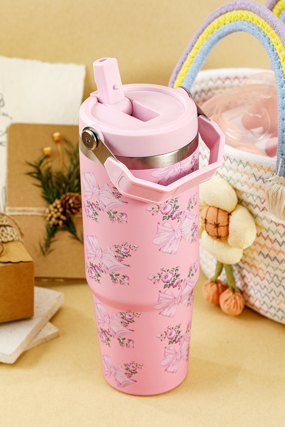 Pink 30OZ Bow Floral Print Flip Handle Straw Tumbler