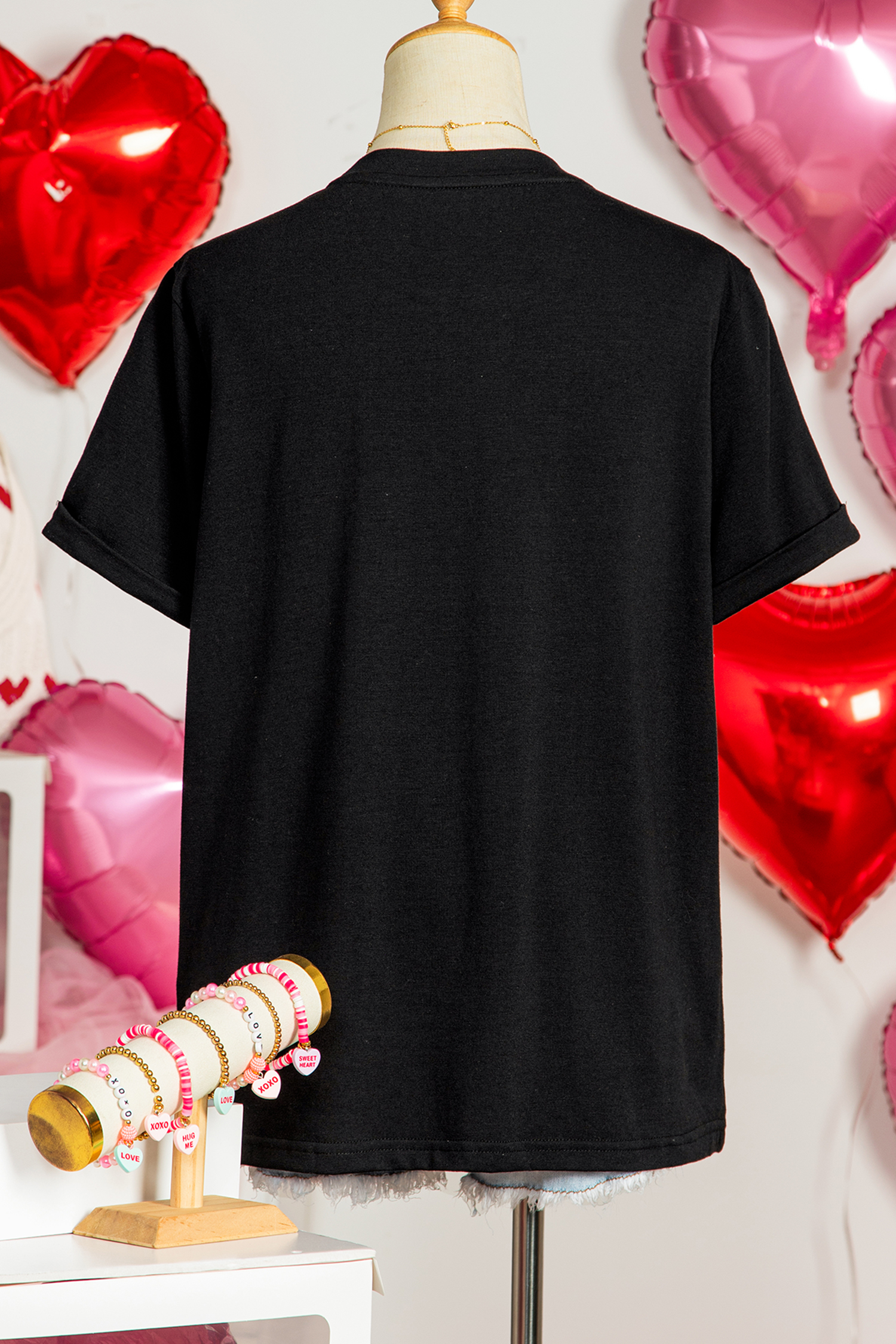 Black Sequin Bow Cheery Patched Valentines Graphic Tee